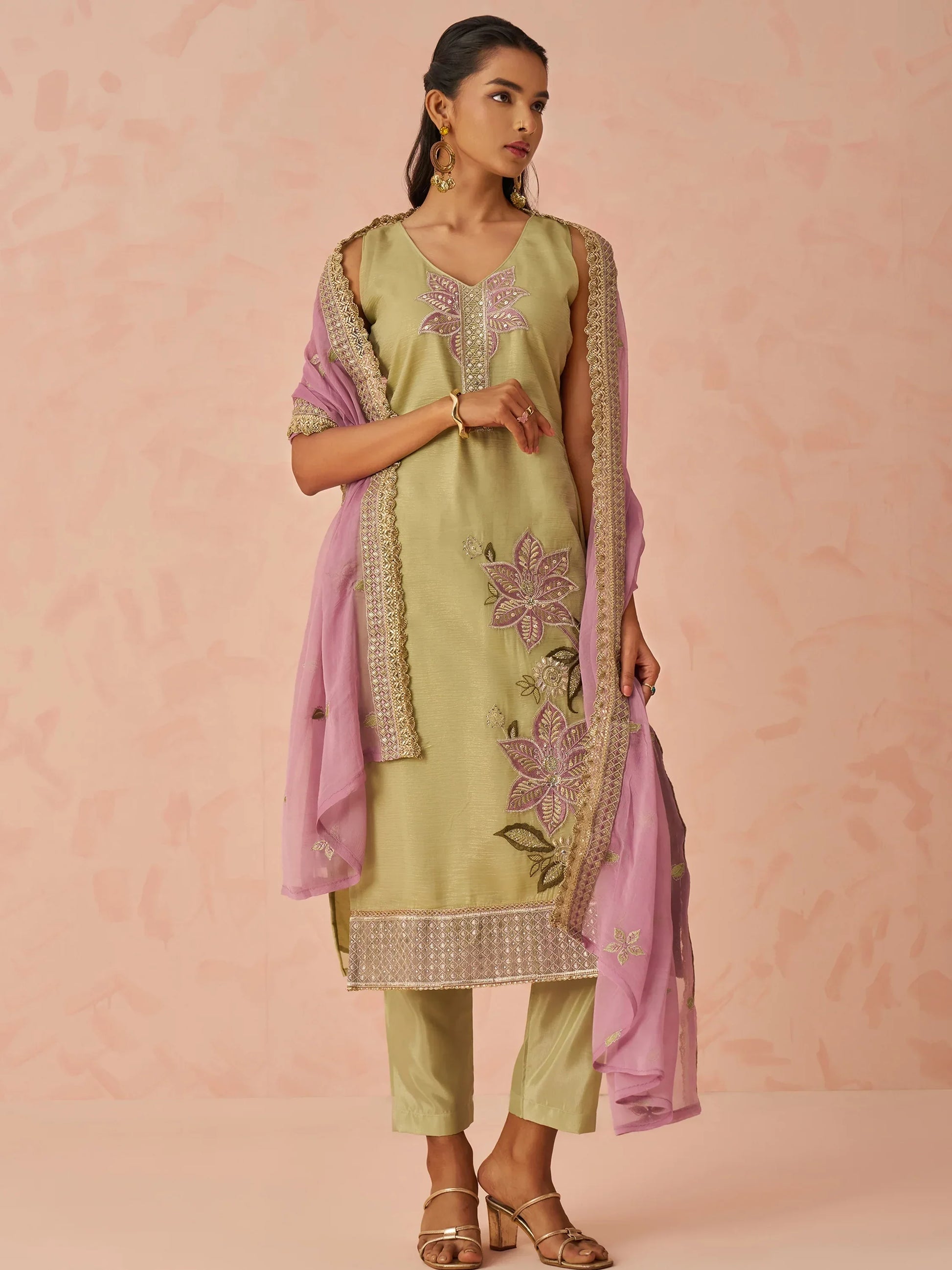 Marvelous Pista Green Floral Embroidered Silk Festival Wear Pant Suit - Zeel Clothing