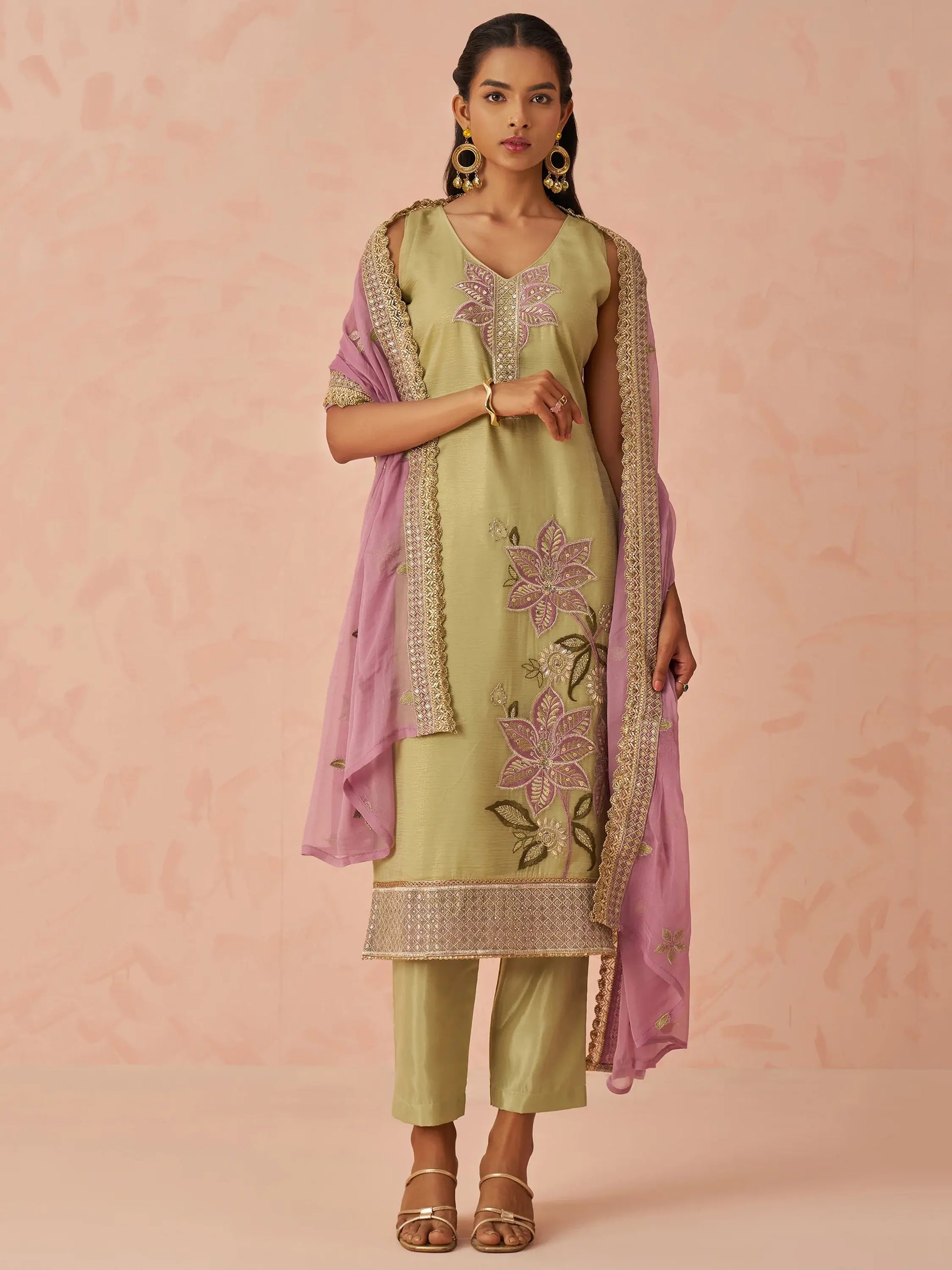 Marvelous Pista Green Floral Embroidered Silk Festival Wear Pant Suit - Zeel Clothing