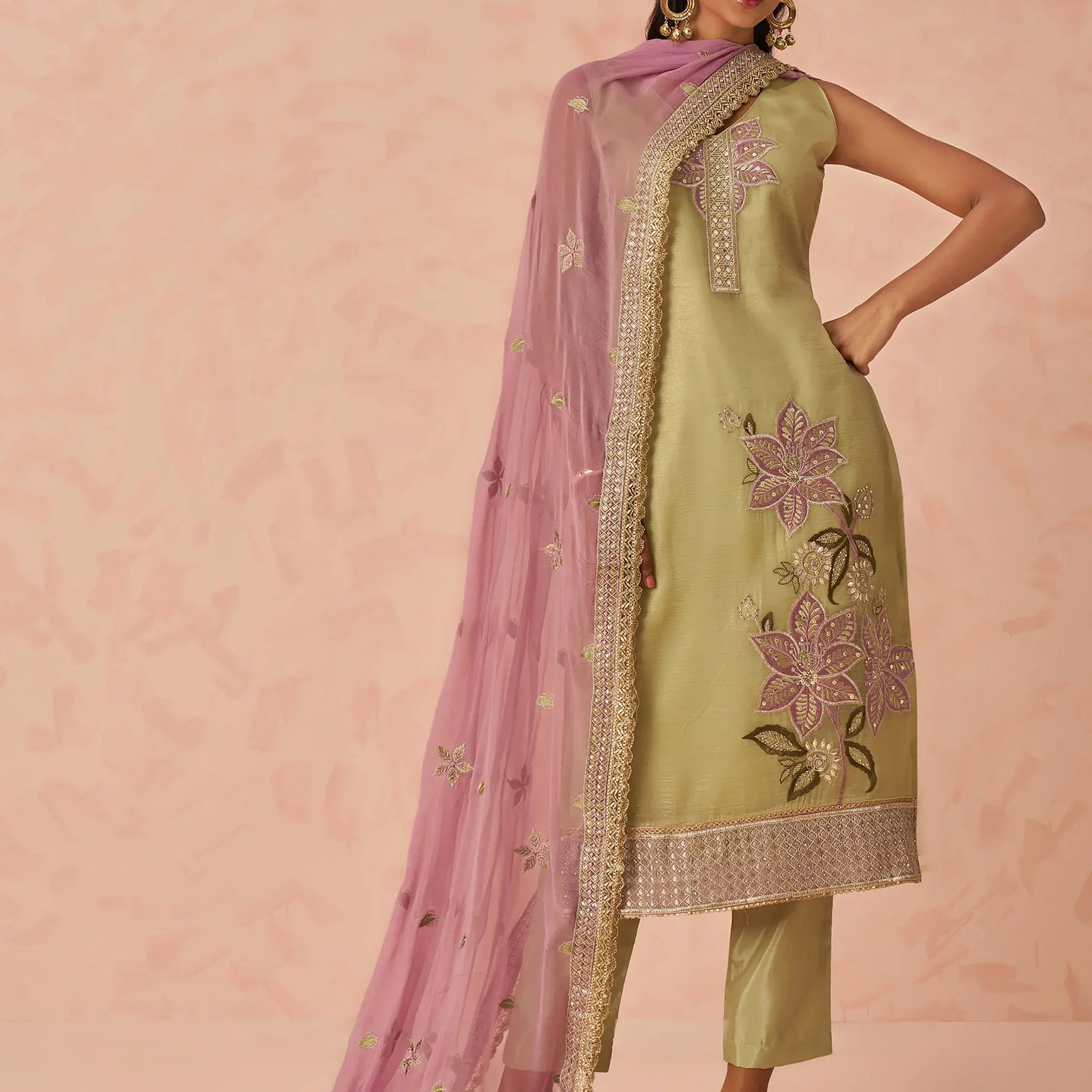 Marvelous Pista Green Floral Embroidered Silk Festival Wear Pant Suit - Zeel Clothing