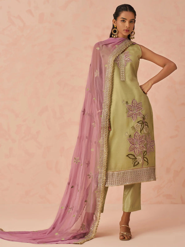 Marvelous Pista Green Floral Embroidered Silk Festival Wear Pant Suit - Zeel Clothing
