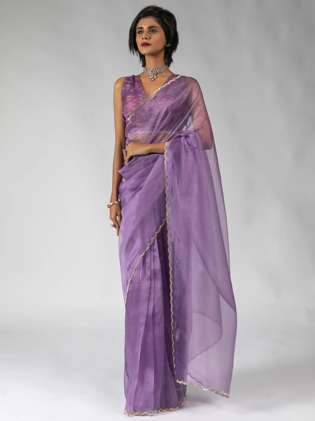 Marvelous Purple Border Work Organza Bollywood Pre-Stitched Saree With Blouse - Zeel Clothing