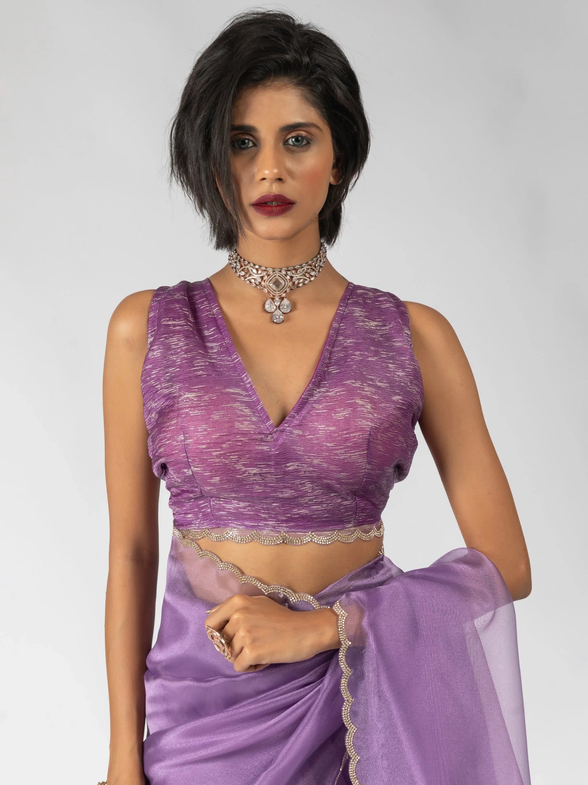Marvelous Purple Border Work Organza Bollywood Pre-Stitched Saree With Blouse - Zeel Clothing