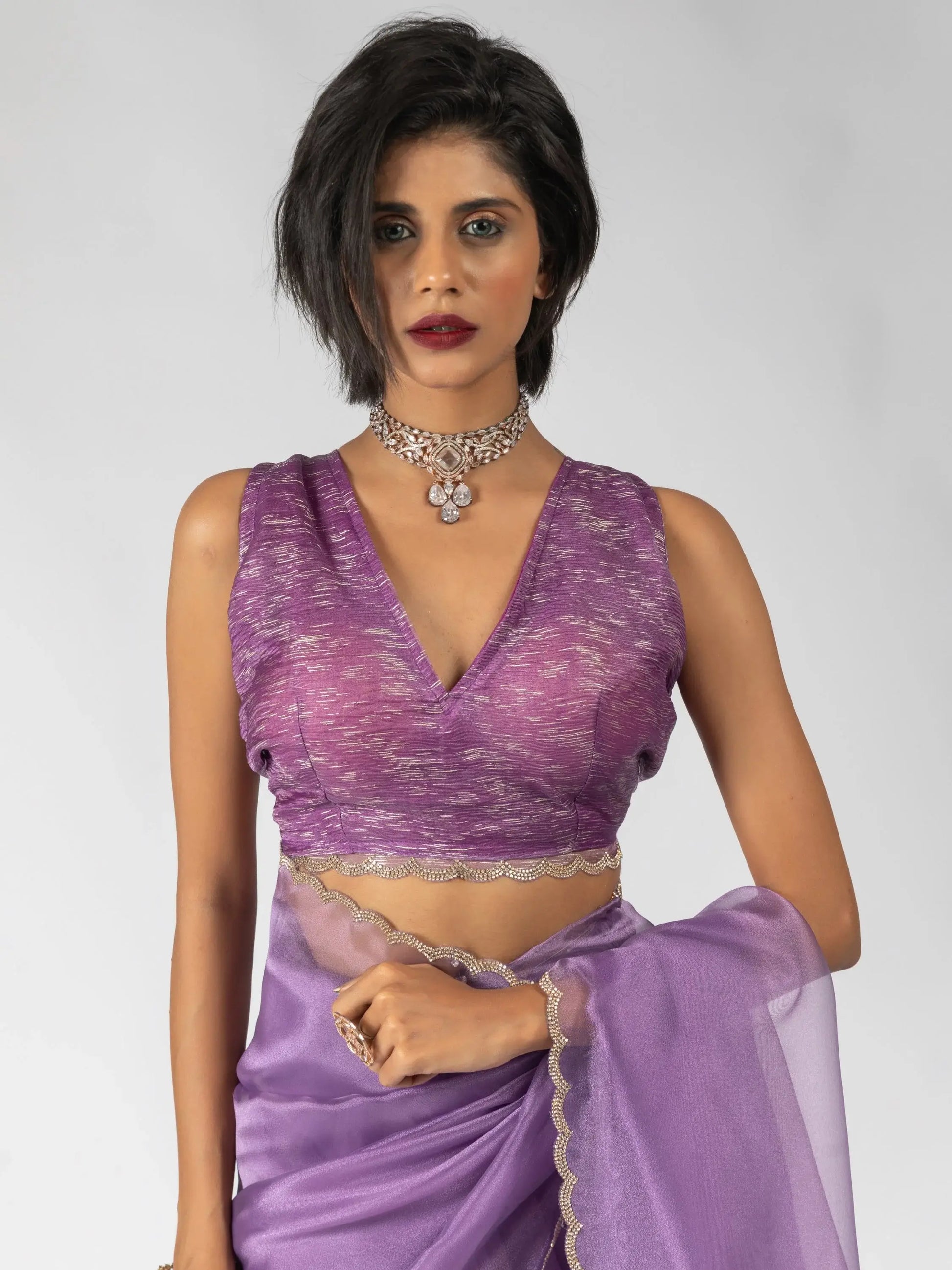 Marvelous Purple Border Work Organza Bollywood Pre-Stitched Saree With Blouse - Zeel Clothing