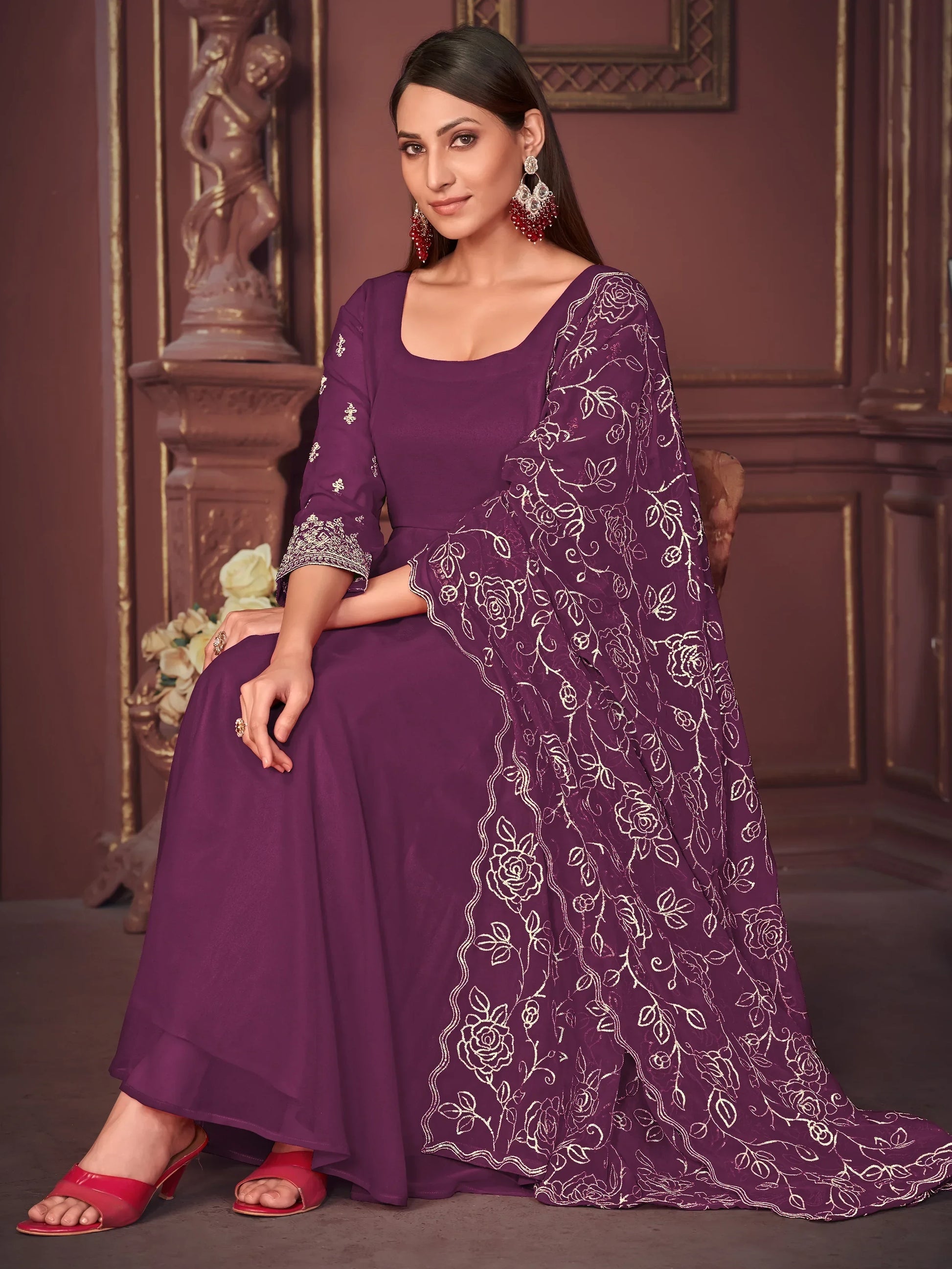 Marvelous Purple Embroidered Georgette Anarkali Suit With Dupatta - Zeel Clothing