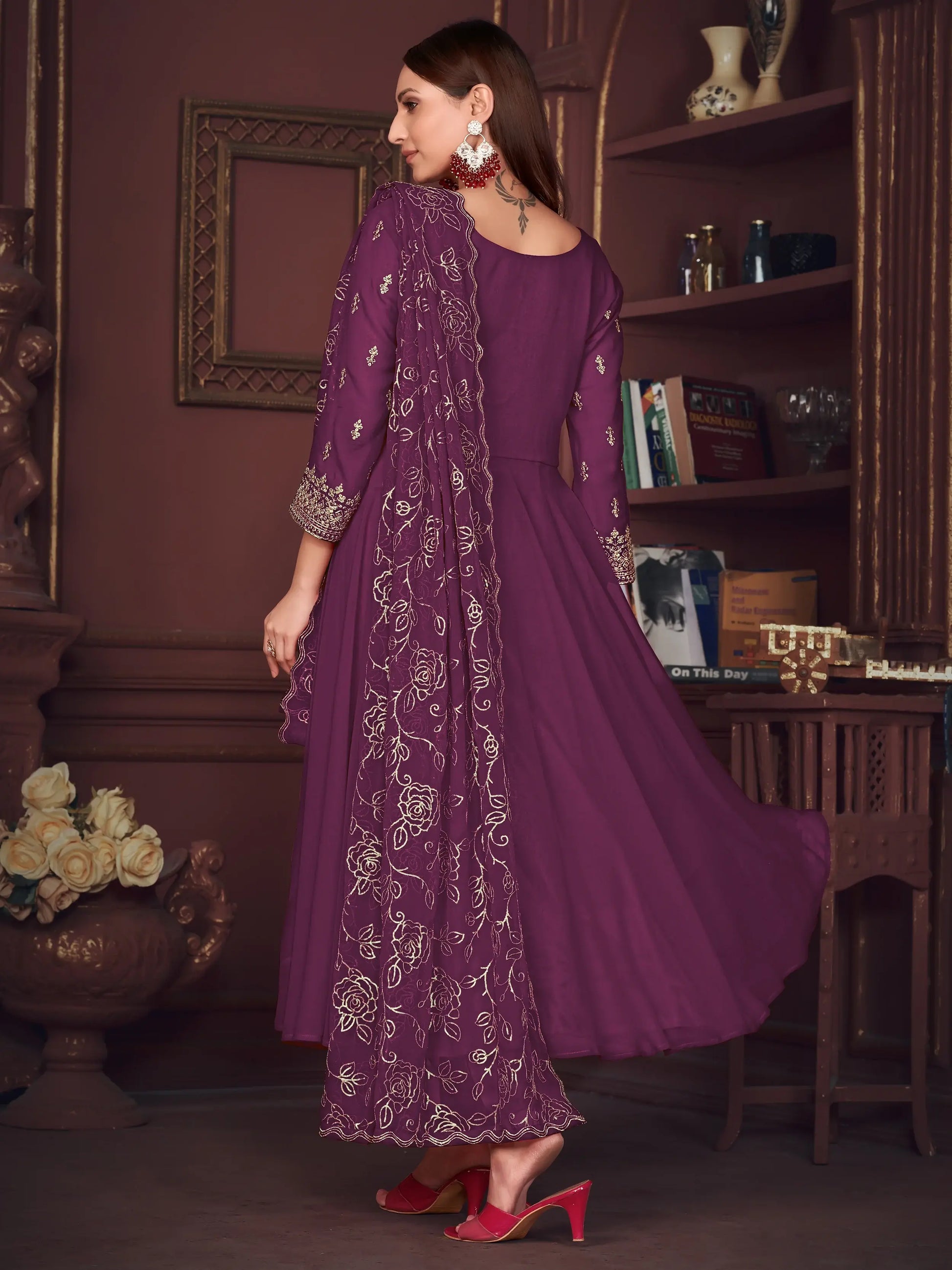 Marvelous Purple Embroidered Georgette Anarkali Suit With Dupatta - Zeel Clothing