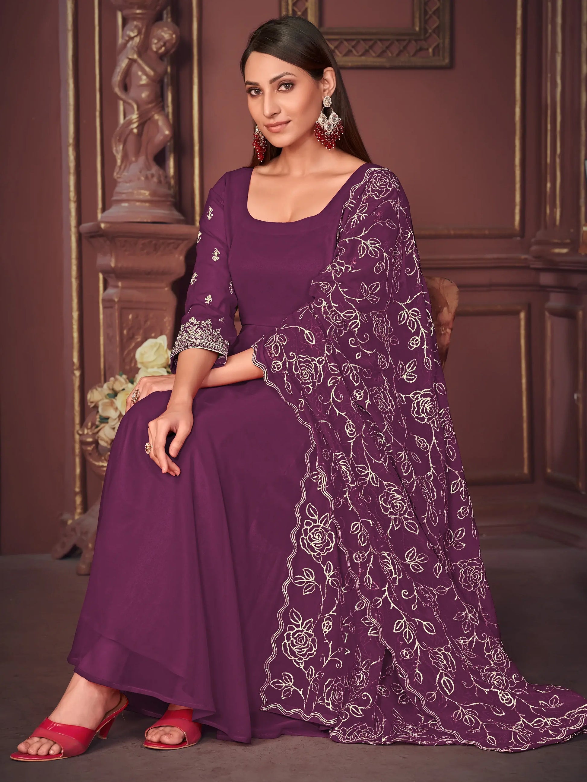 Marvelous Purple Embroidered Georgette Anarkali Suit With Dupatta - Zeel Clothing