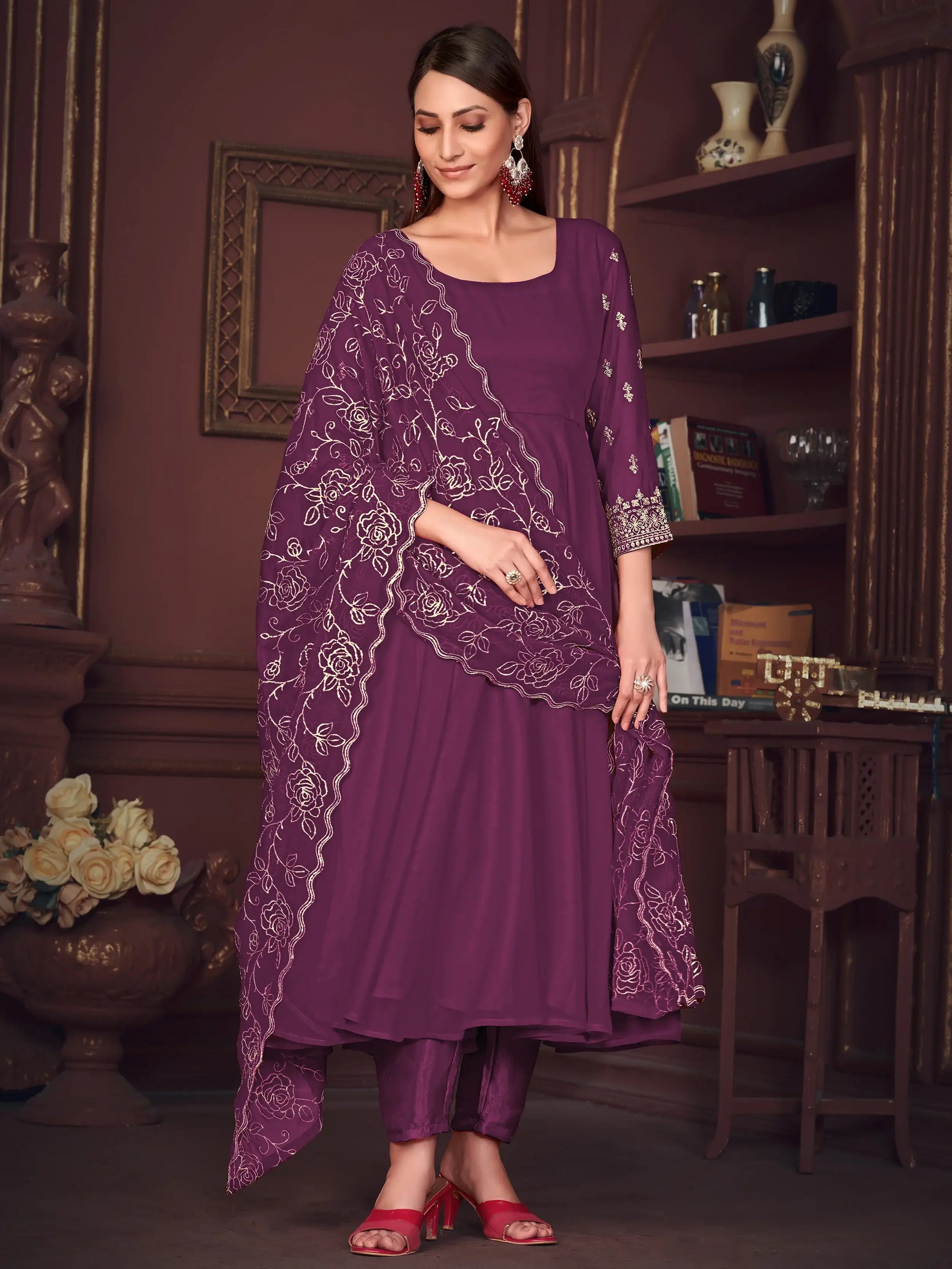 Marvelous Purple Embroidered Georgette Anarkali Suit With Dupatta - Zeel Clothing