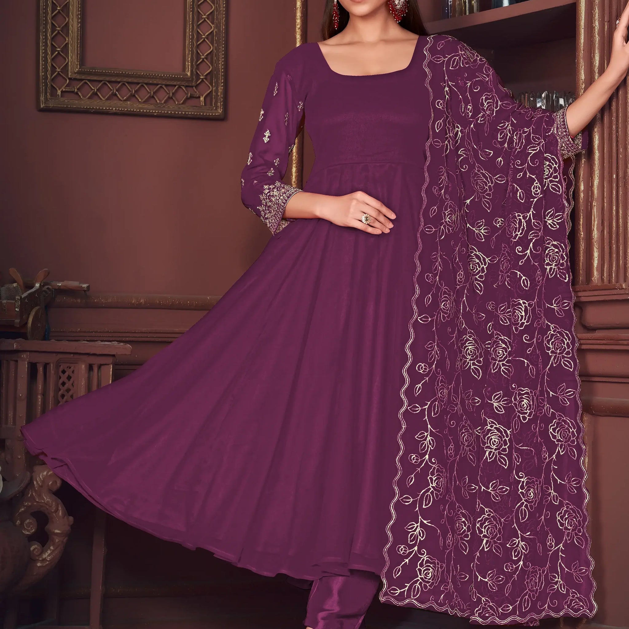Marvelous Purple Embroidered Georgette Anarkali Suit With Dupatta - Zeel Clothing