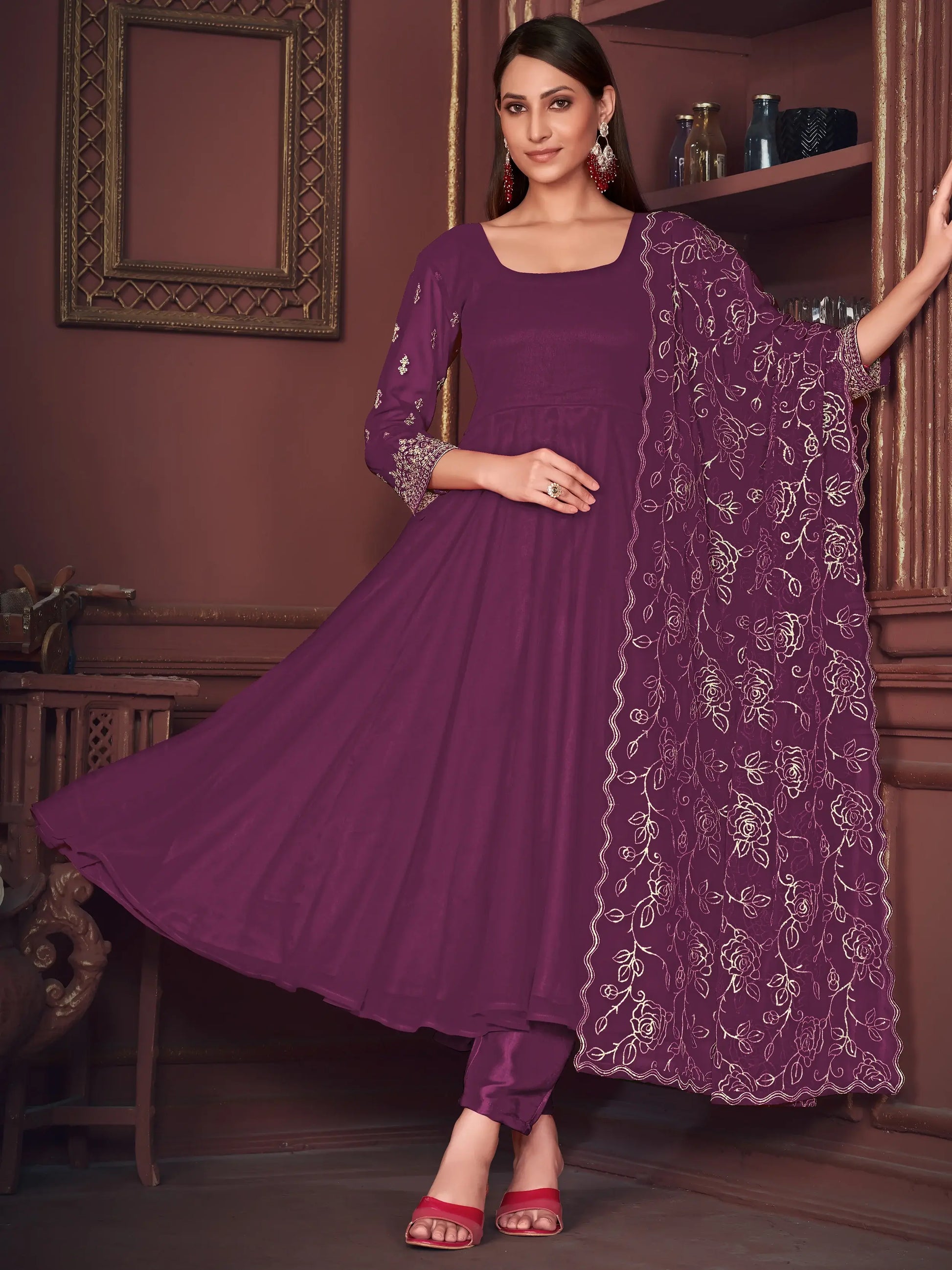 Marvelous Purple Embroidered Georgette Anarkali Suit With Dupatta - Zeel Clothing
