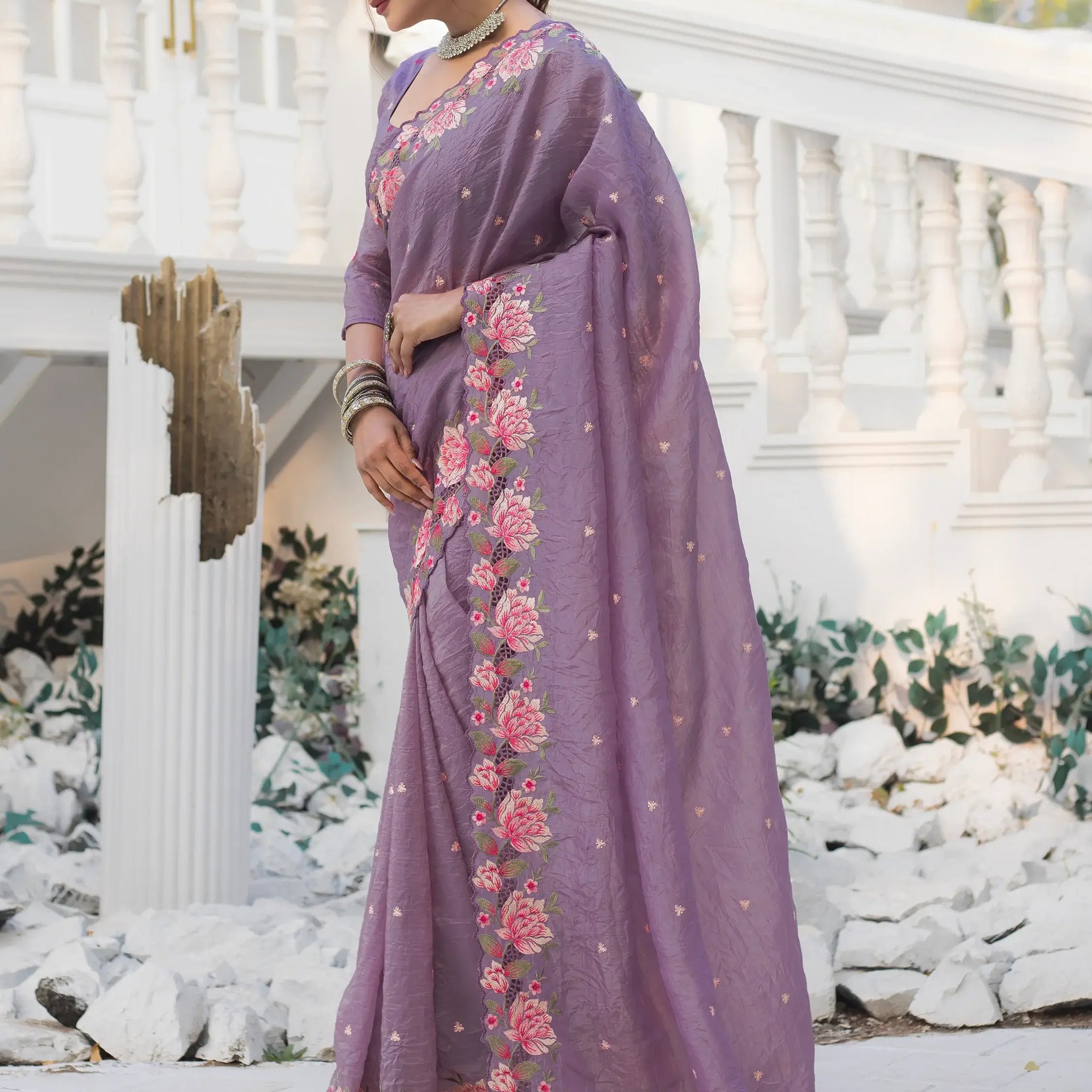 Marvelous Purple Embroidered Silk Party Wear Saree - Zeel Clothing