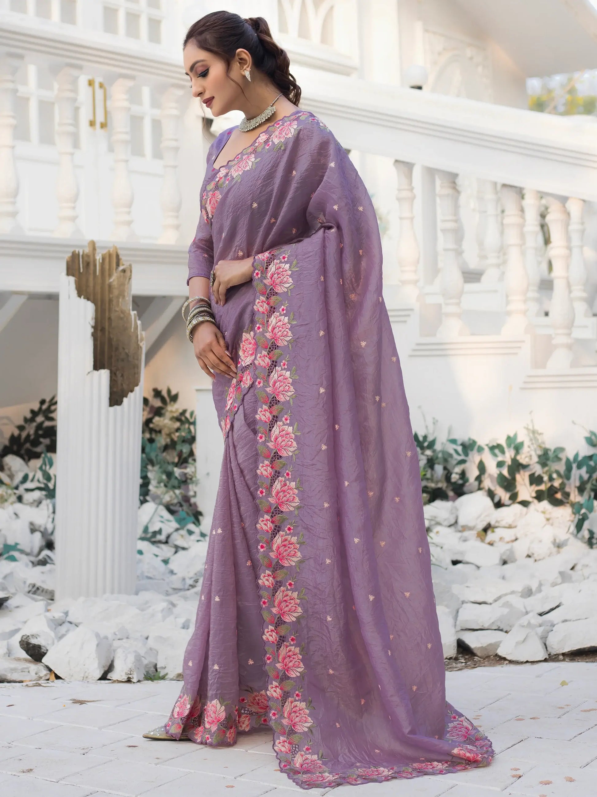 Marvelous Purple Embroidered Silk Party Wear Saree - Zeel Clothing