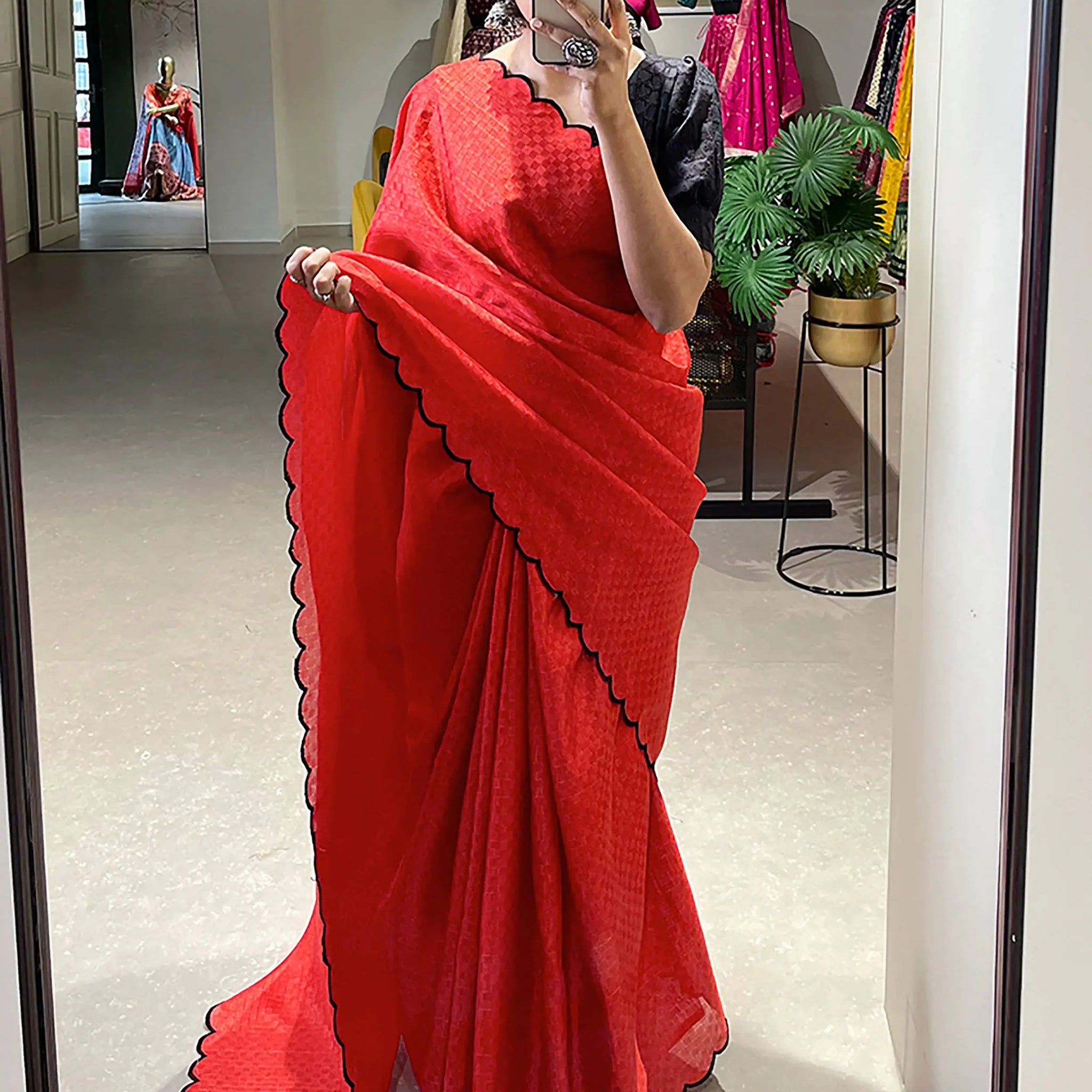 Marvelous Red Arca Work Gadhawal Chex Classic Saree With Blouse - Zeel Clothing