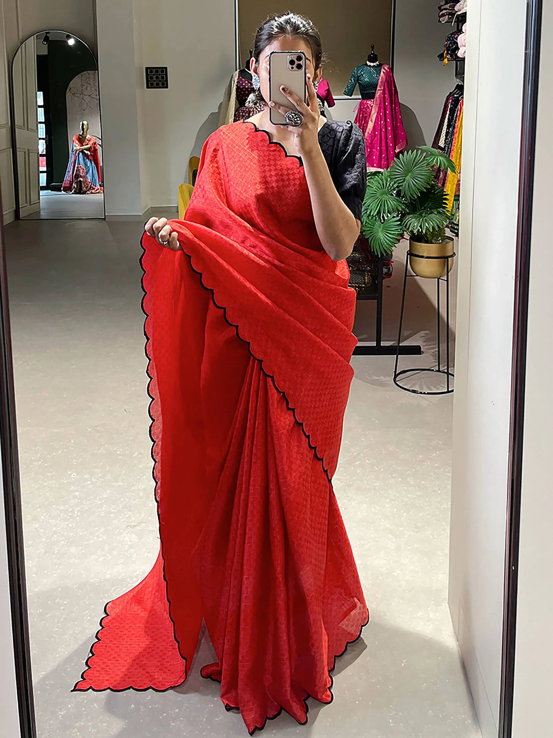 Marvelous Red Arca Work Gadhawal Chex Classic Saree With Blouse - Zeel Clothing
