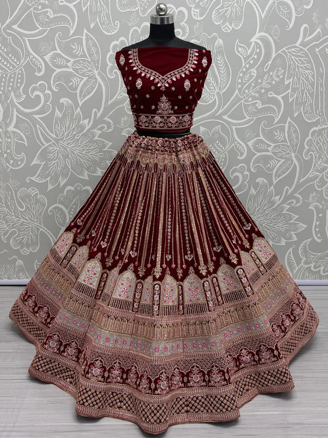 Marvelous Red Embroidered Velvet Bridal Lehenga Choli - Zeel Clothing