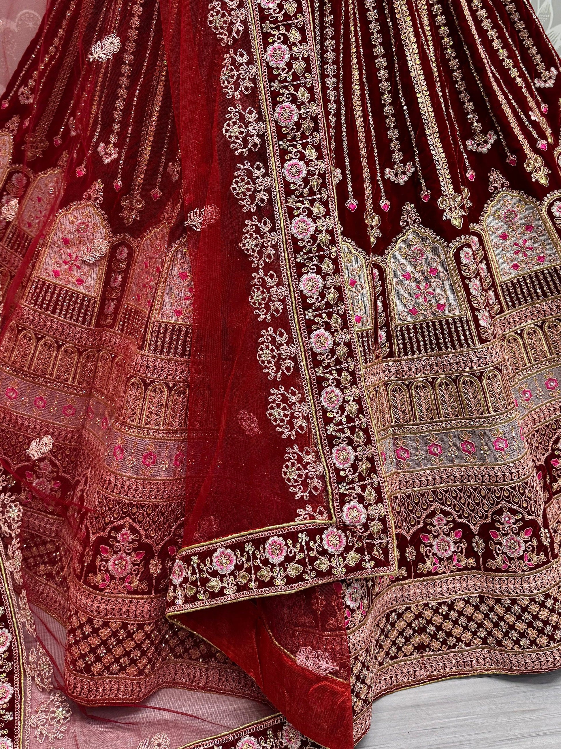 Marvelous Red Embroidered Velvet Bridal Lehenga Choli - Zeel Clothing