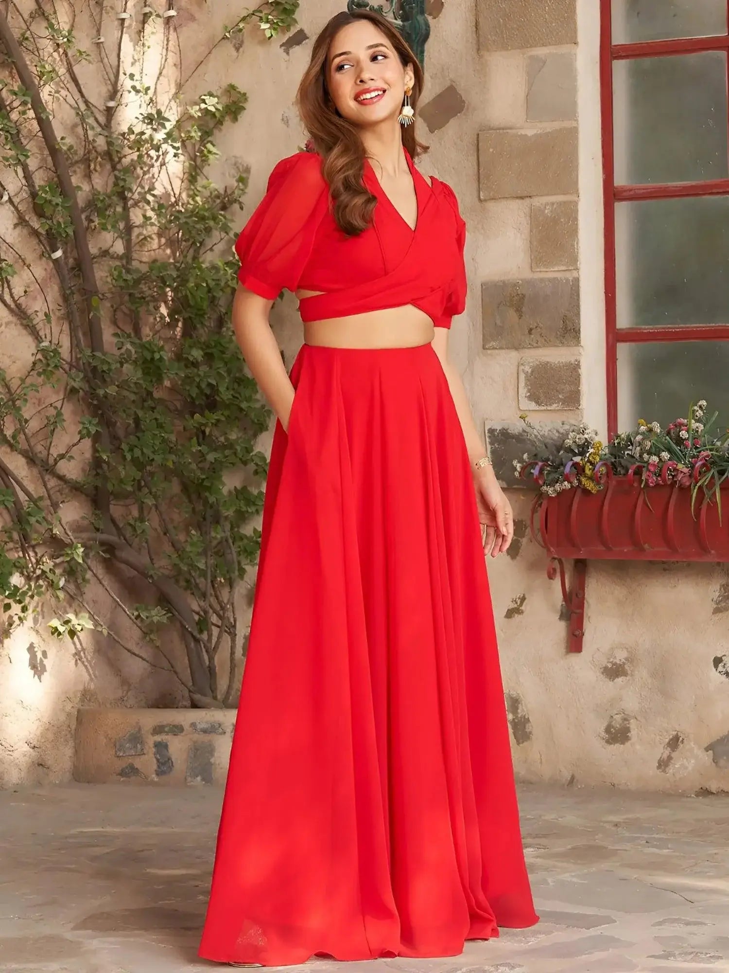 Marvelous Red Georgette Party Wear Lehenga With Designer Crop Top - Zeel Clothing