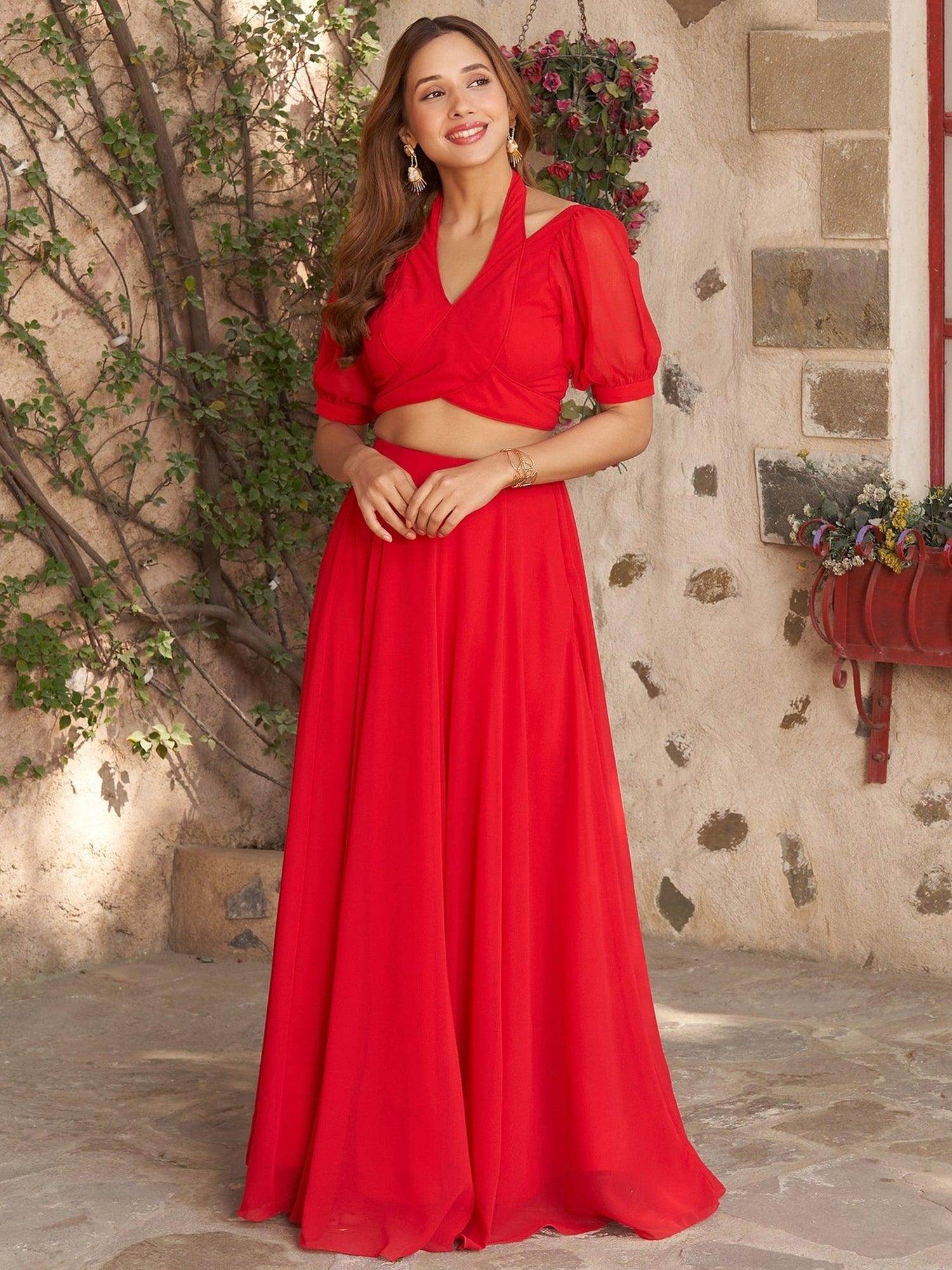 Marvelous Red Georgette Party Wear Lehenga With Designer Crop Top - Zeel Clothing