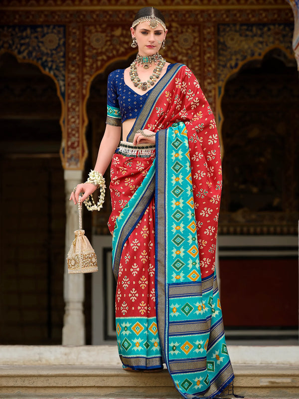 Marvelous Red Printed Silk Traditional Saree With Blouse - Zeel Clothing