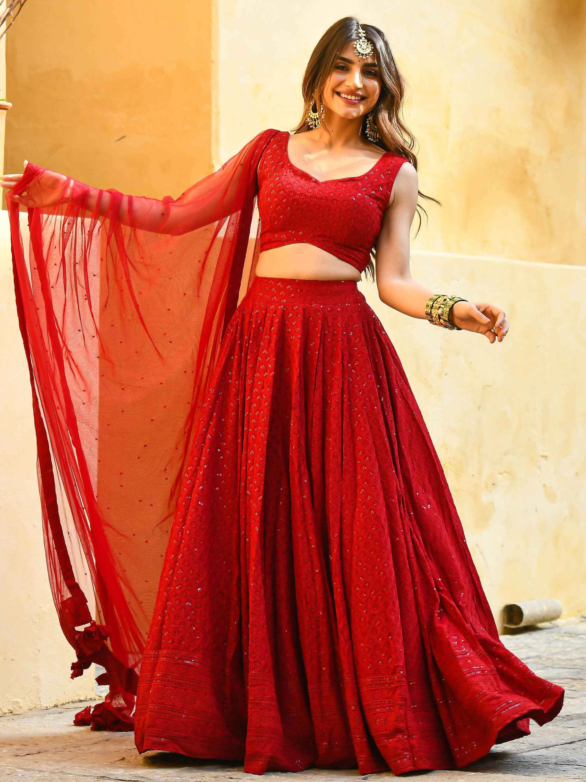 Marvelous Red Sequins Georgette Sangeet Wear Lehenga Choli - Zeel Clothing