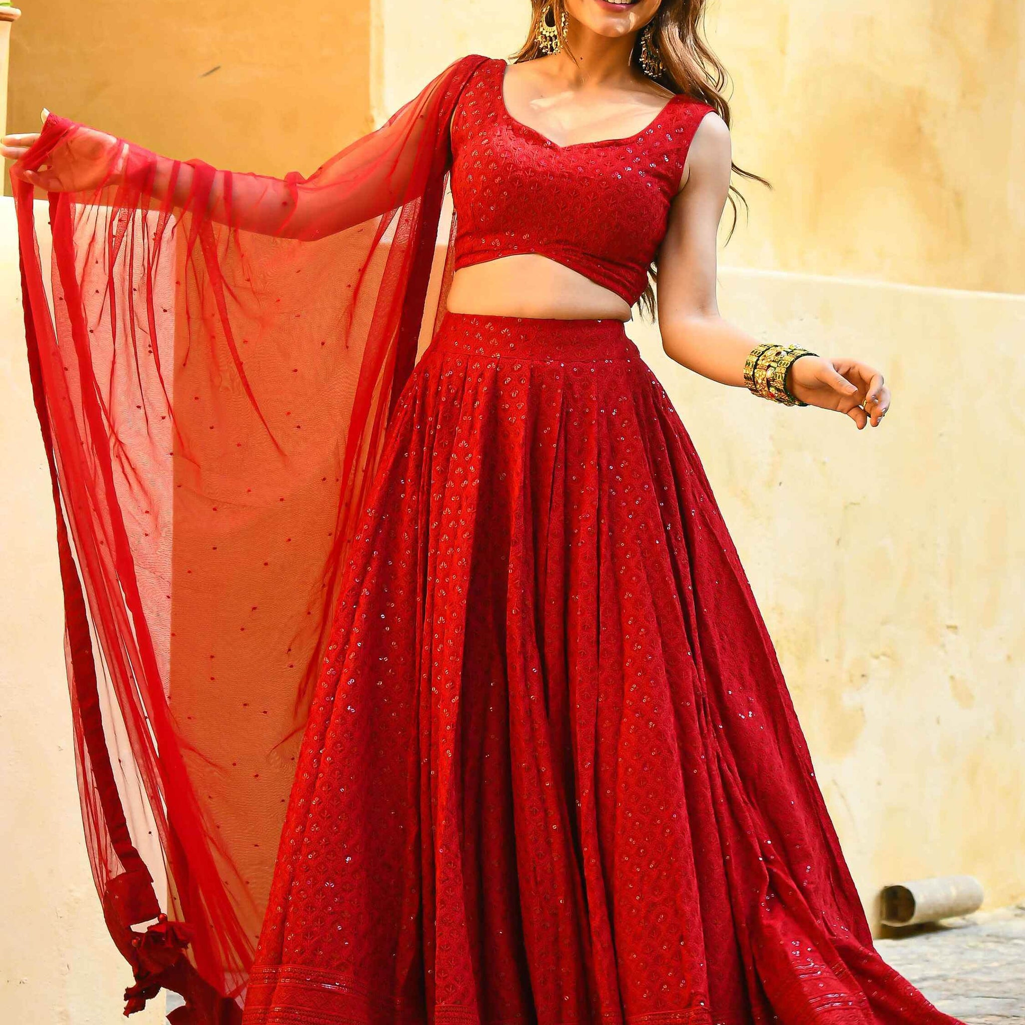Marvelous Red Sequins Georgette Sangeet Wear Lehenga Choli - Zeel Clothing