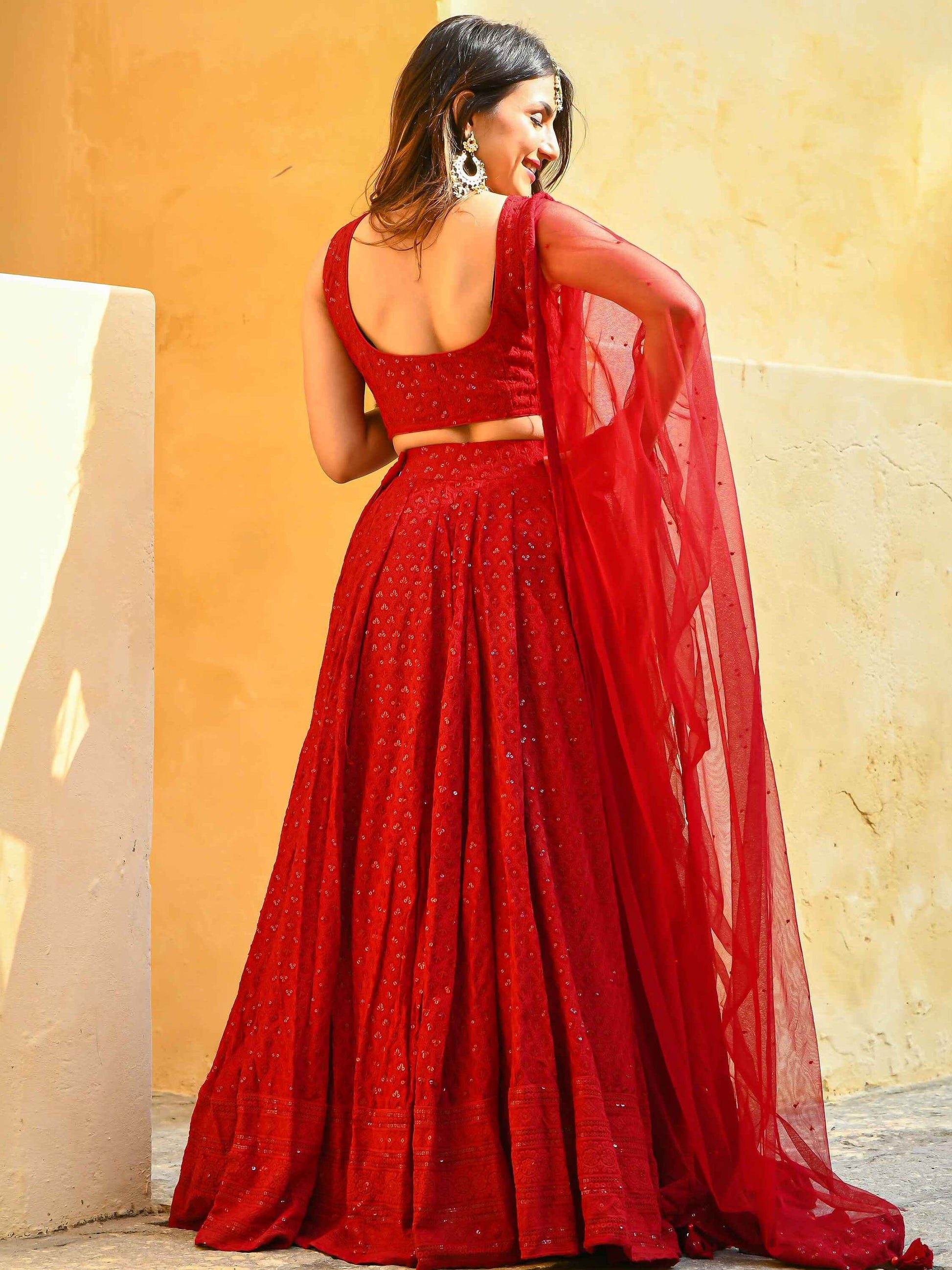 Marvelous Red Sequins Georgette Sangeet Wear Lehenga Choli - Zeel Clothing