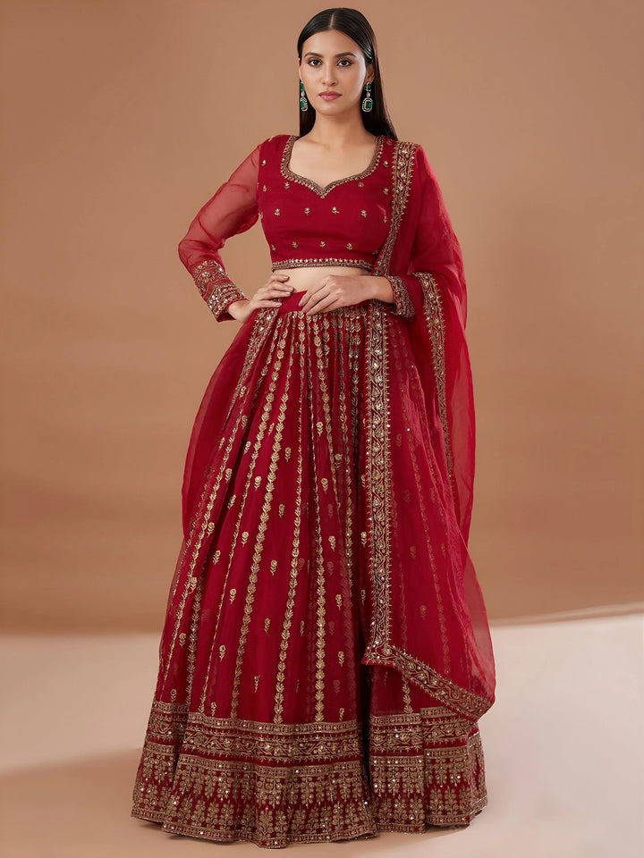 Marvelous Red Sequins Work Organza Wedding Lehenga Choli With Dupatta