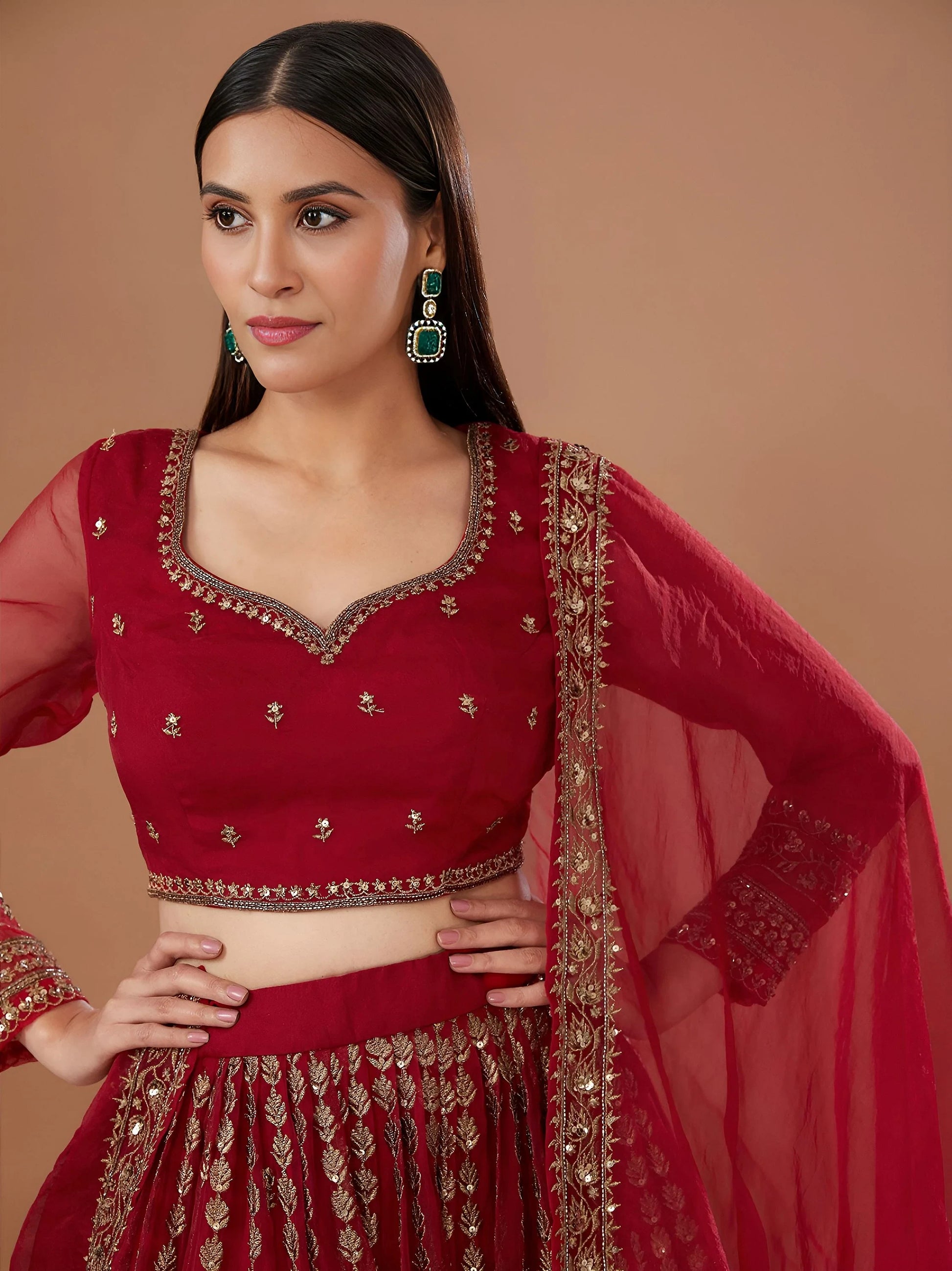 Marvelous Red Sequins Work Organza Wedding Lehenga Choli With Dupatta