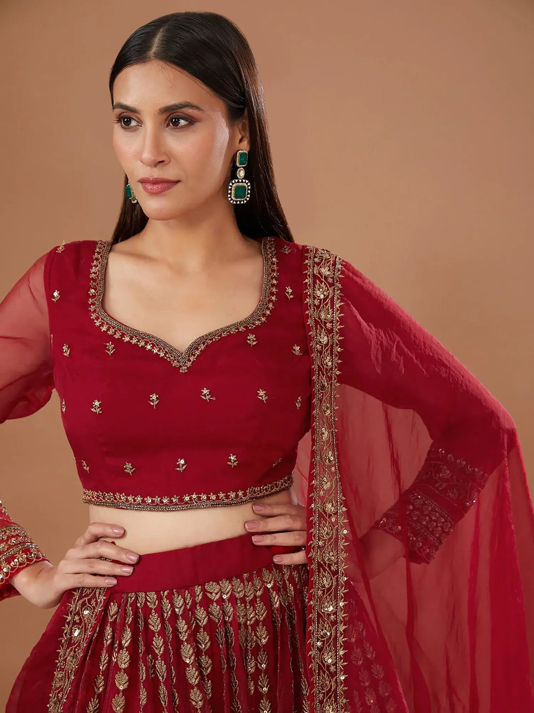 Marvelous Red Sequins Work Organza Wedding Lehenga Choli With Dupatta - Zeel Clothing