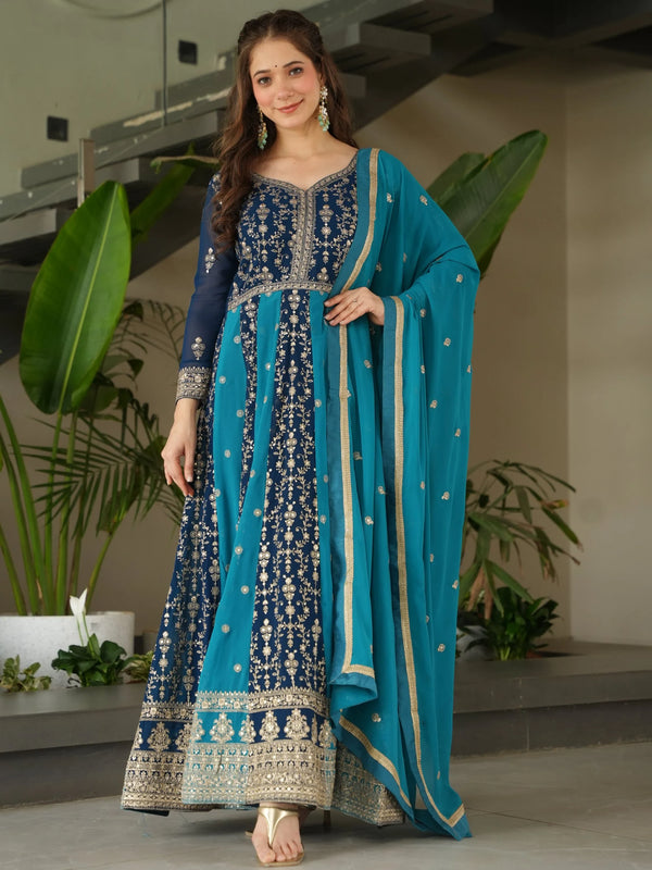 Marvelous Teal Blue Embroidered Georgette Festive Wear Gown With Dupatta - Zeel Clothing