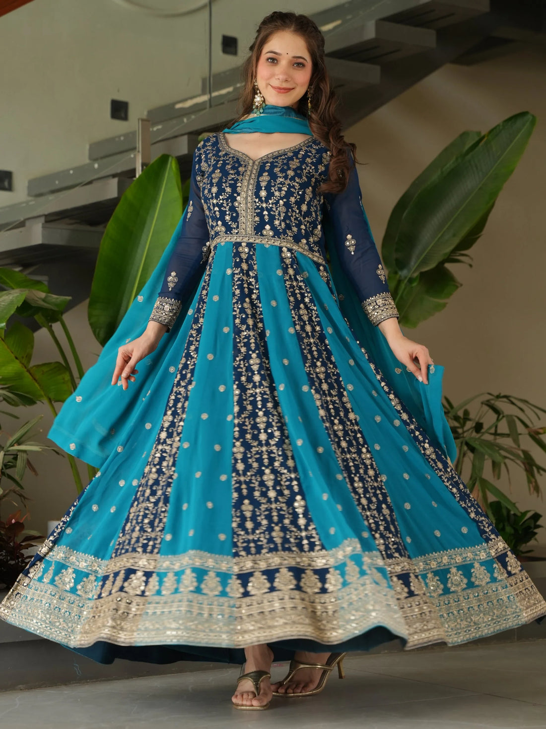 Marvelous Teal Blue Embroidered Georgette Festive Wear Gown With Dupatta - Zeel Clothing