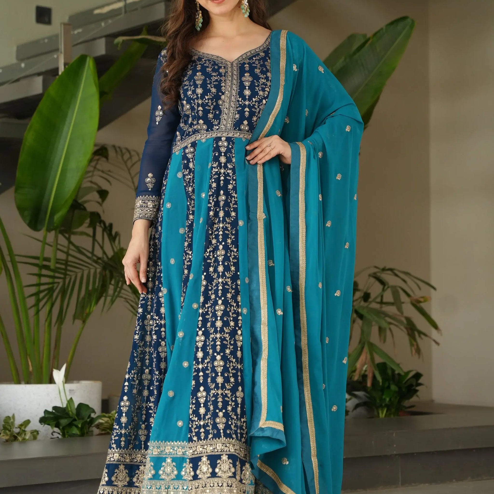 Marvelous Teal Blue Embroidered Georgette Festive Wear Gown With Dupatta - Zeel Clothing