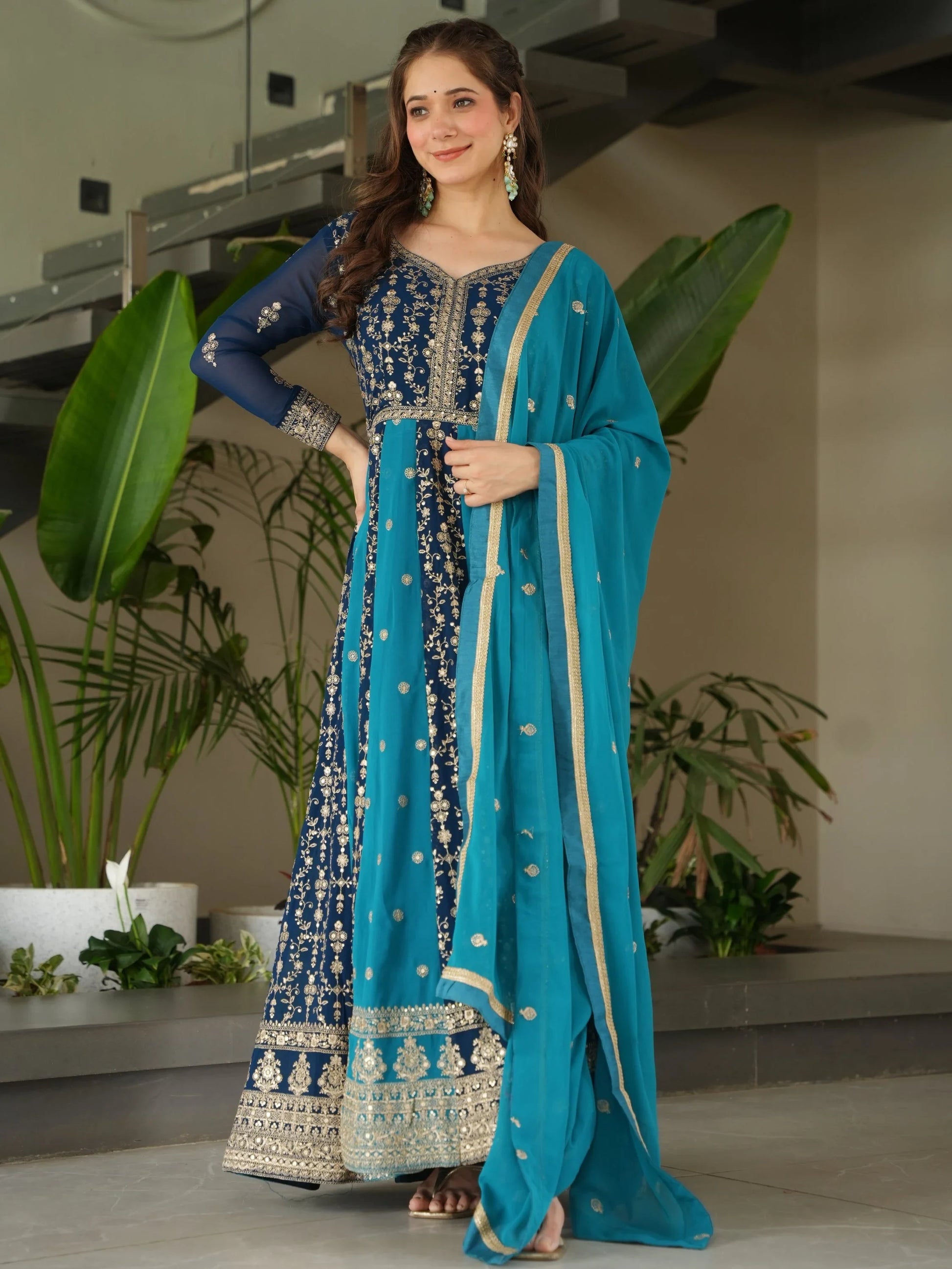 Marvelous Teal Blue Embroidered Georgette Festive Wear Gown With Dupatta - Zeel Clothing