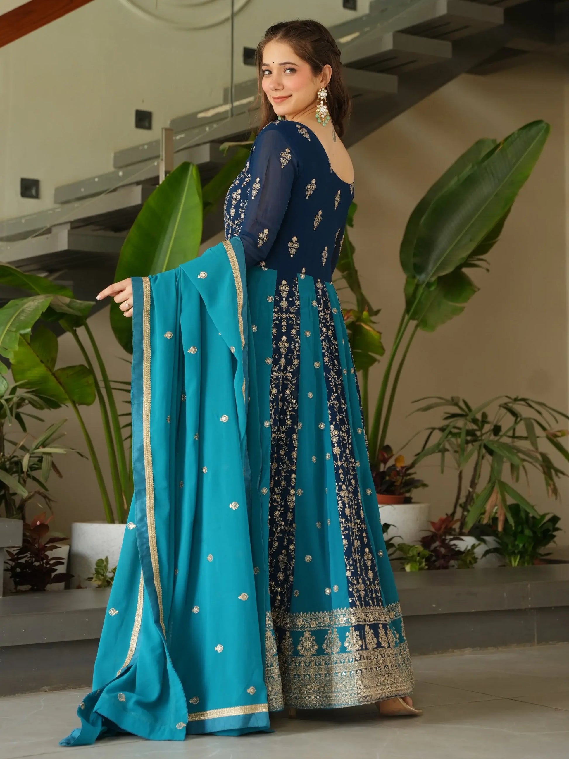 Marvelous Teal Blue Embroidered Georgette Festive Wear Gown With Dupatta - Zeel Clothing