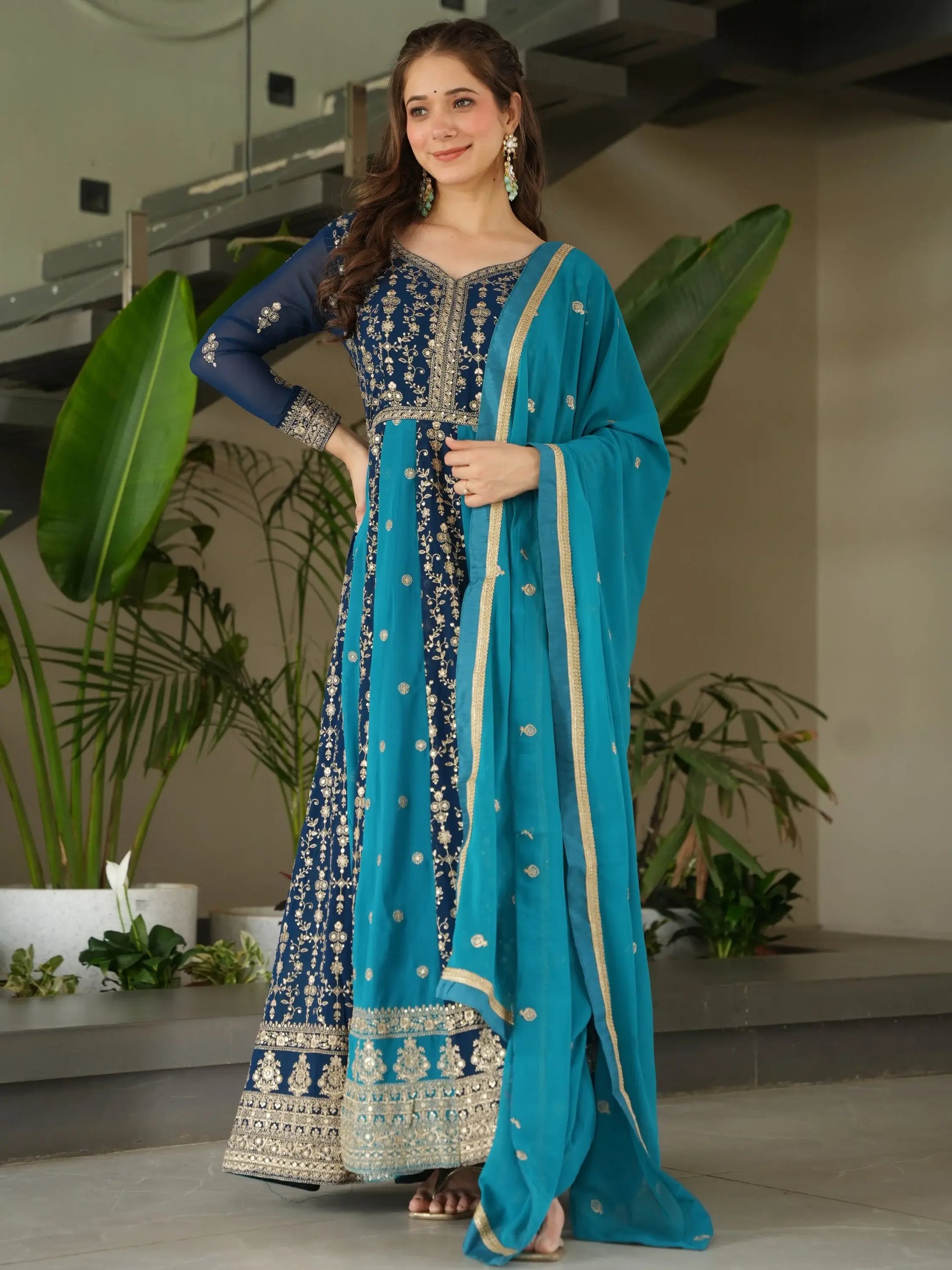Marvelous Teal Blue Embroidered Georgette Festive Wear Gown With Dupatta - Zeel Clothing