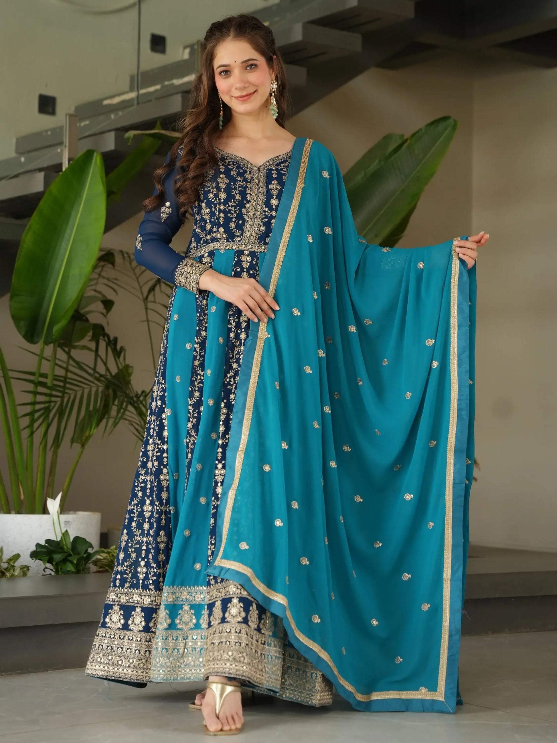 Marvelous Teal Blue Embroidered Georgette Festive Wear Gown With Dupatta - Zeel Clothing