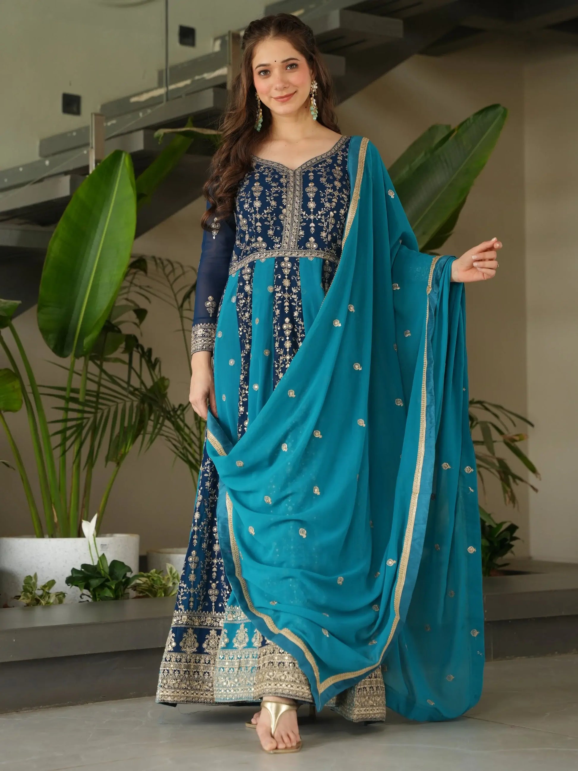 Marvelous Teal Blue Embroidered Georgette Festive Wear Gown With Dupatta - Zeel Clothing
