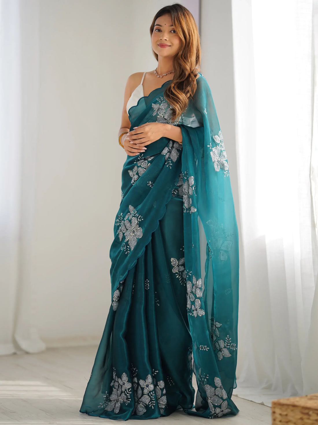 Marvelous Teal Blue Embroidered Organza Trendy Saree With Blouse - Zeel Clothing