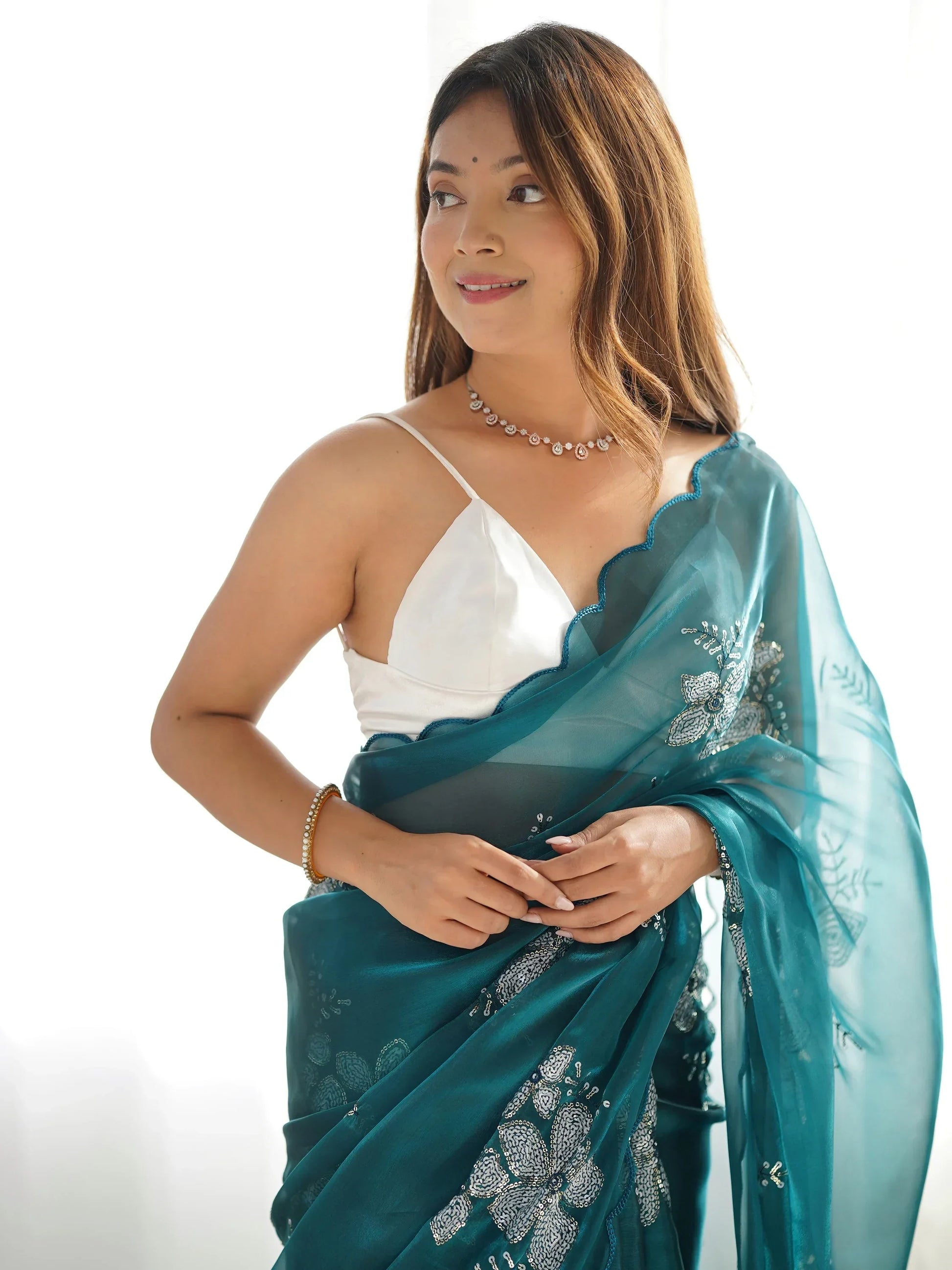 Marvelous Teal Blue Embroidered Organza Trendy Saree With Blouse - Zeel Clothing