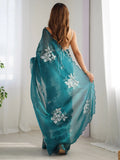 Marvelous Teal Blue Embroidered Organza Trendy Saree With Blouse - Zeel Clothing
