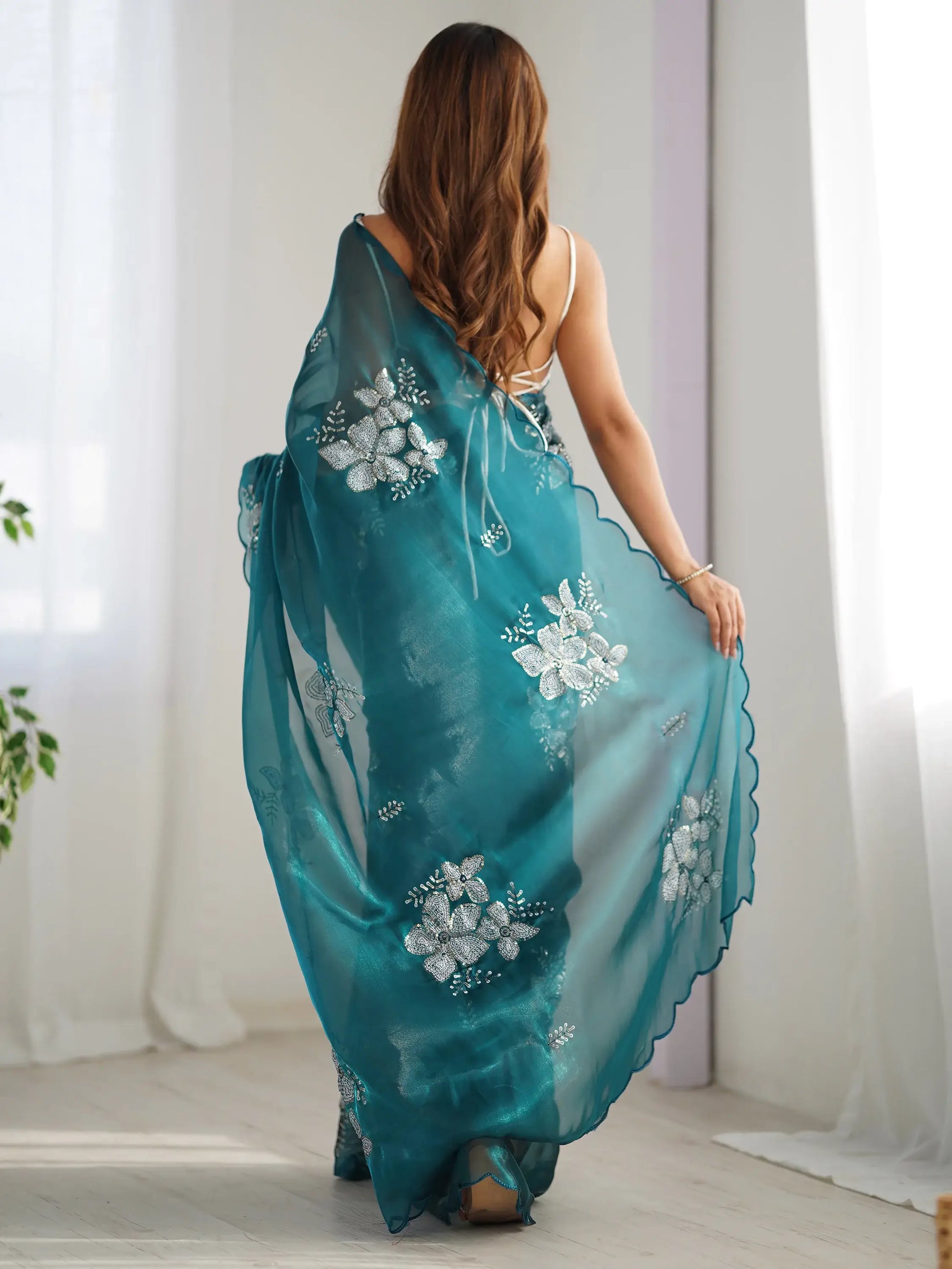 Marvelous Teal Blue Embroidered Organza Trendy Saree With Blouse - Zeel Clothing
