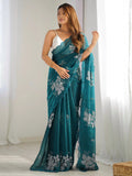 Marvelous Teal Blue Embroidered Organza Trendy Saree With Blouse - Zeel Clothing