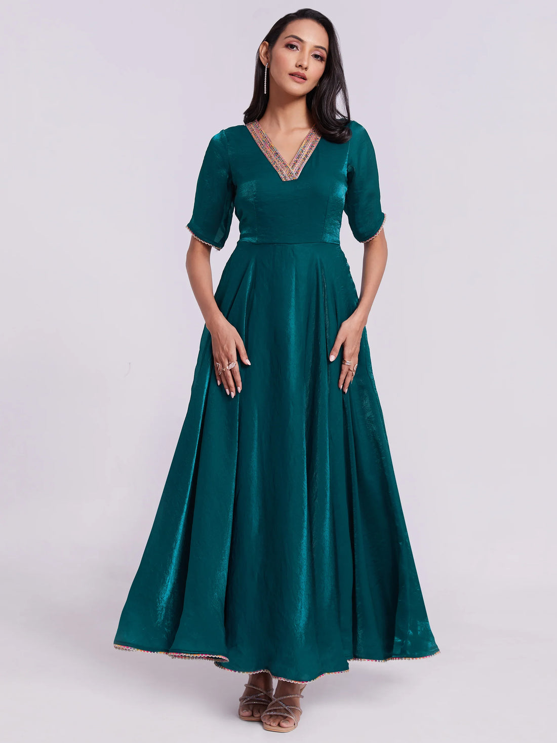 Marvelous Teal Blue Lace Work Organza Festival Wear Gown - Zeel Clothing