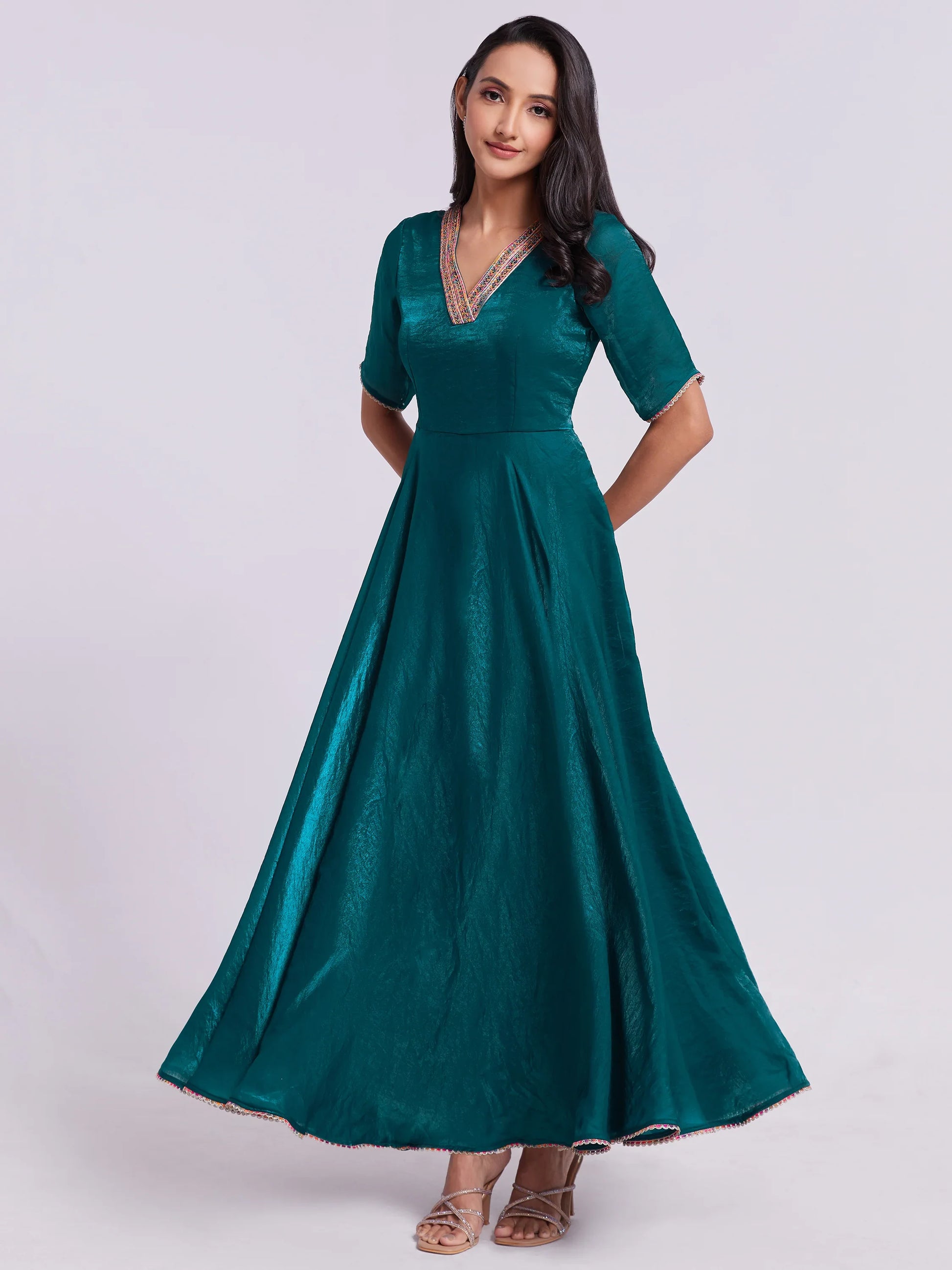 Marvelous Teal Blue Lace Work Organza Festival Wear Gown - Zeel Clothing