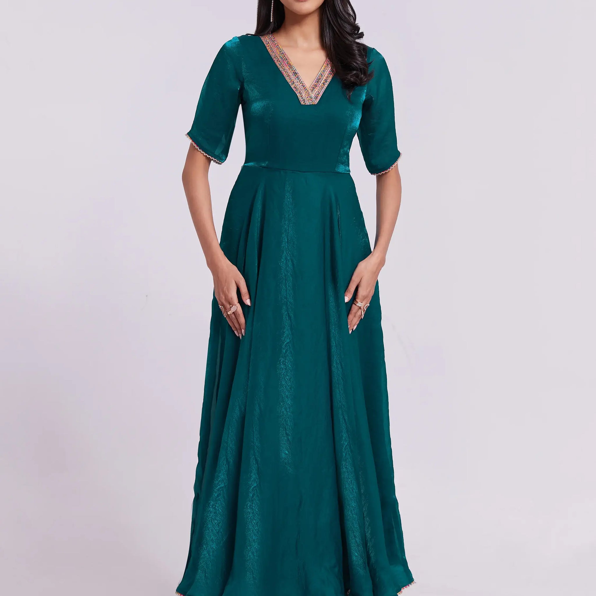 Marvelous Teal Blue Lace Work Organza Festival Wear Gown - Zeel Clothing