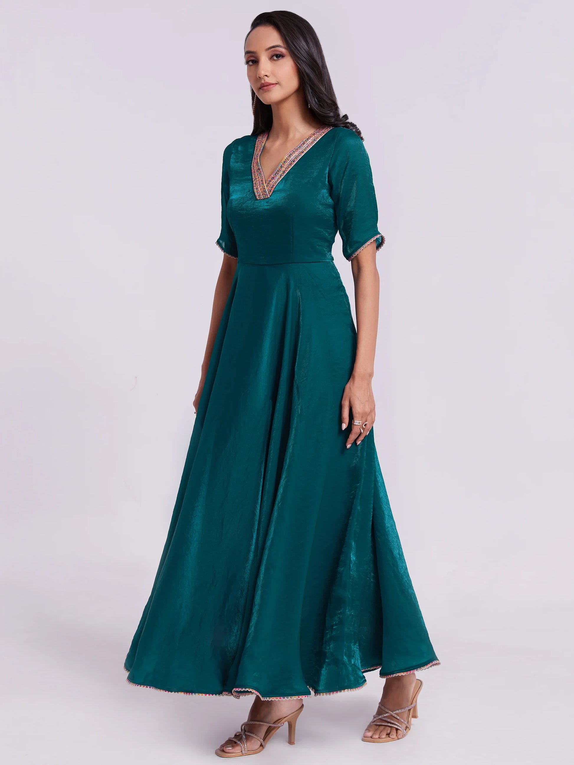 Marvelous Teal Blue Lace Work Organza Festival Wear Gown - Zeel Clothing