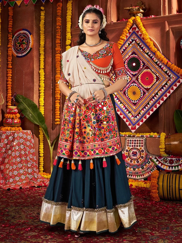 Marvelous Teal Blue Mirror Work Cotton Festive Wear Lehenga With Blouse - Zeel Clothing