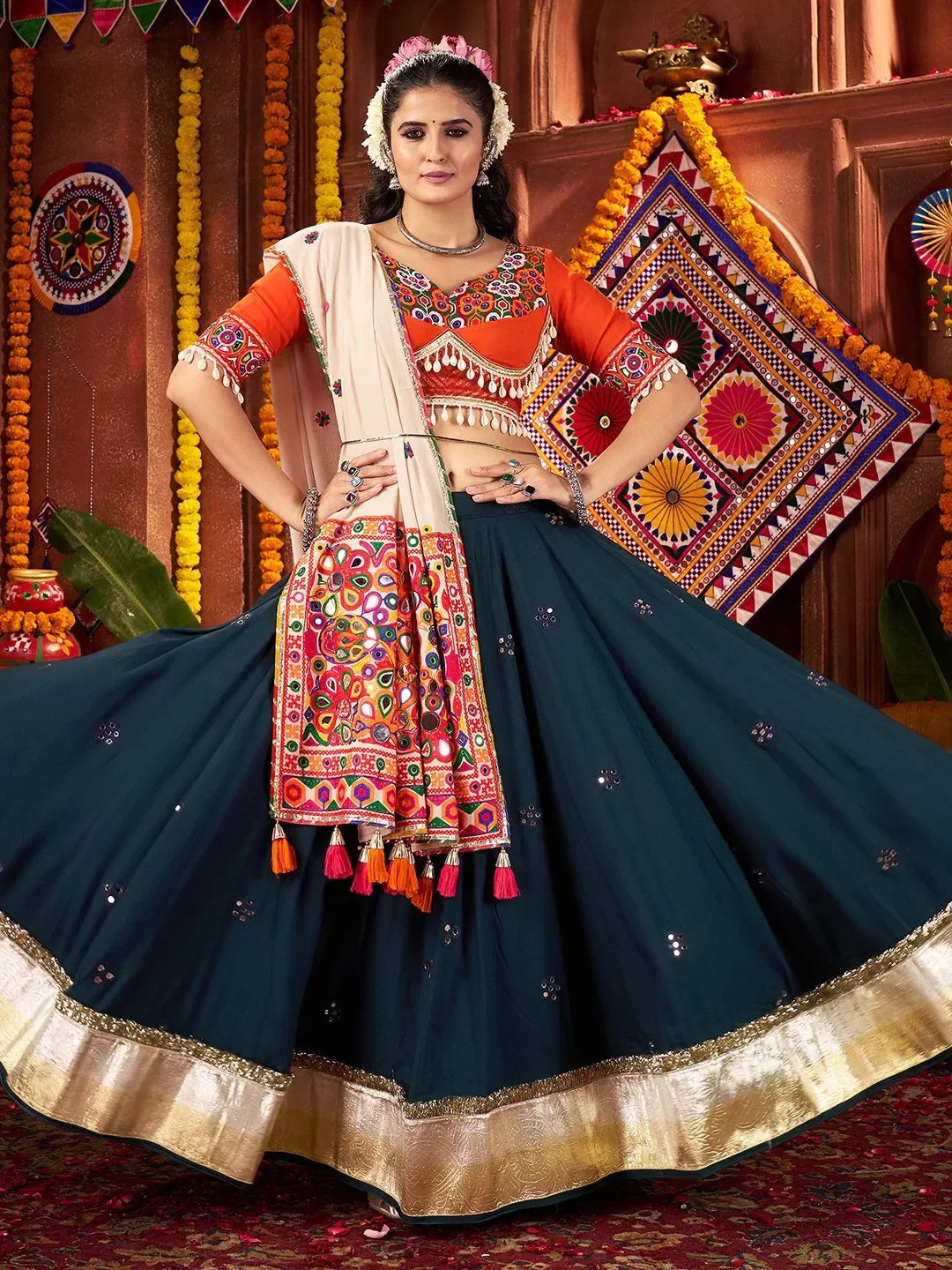 Marvelous Teal Blue Mirror Work Cotton Festive Wear Lehenga With Blouse - Zeel Clothing