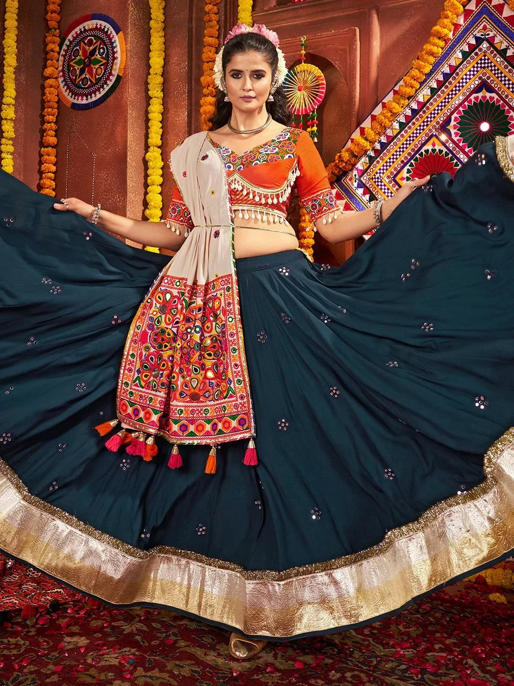 Marvelous Teal Blue Mirror Work Cotton Festive Wear Lehenga With Blouse - Zeel Clothing