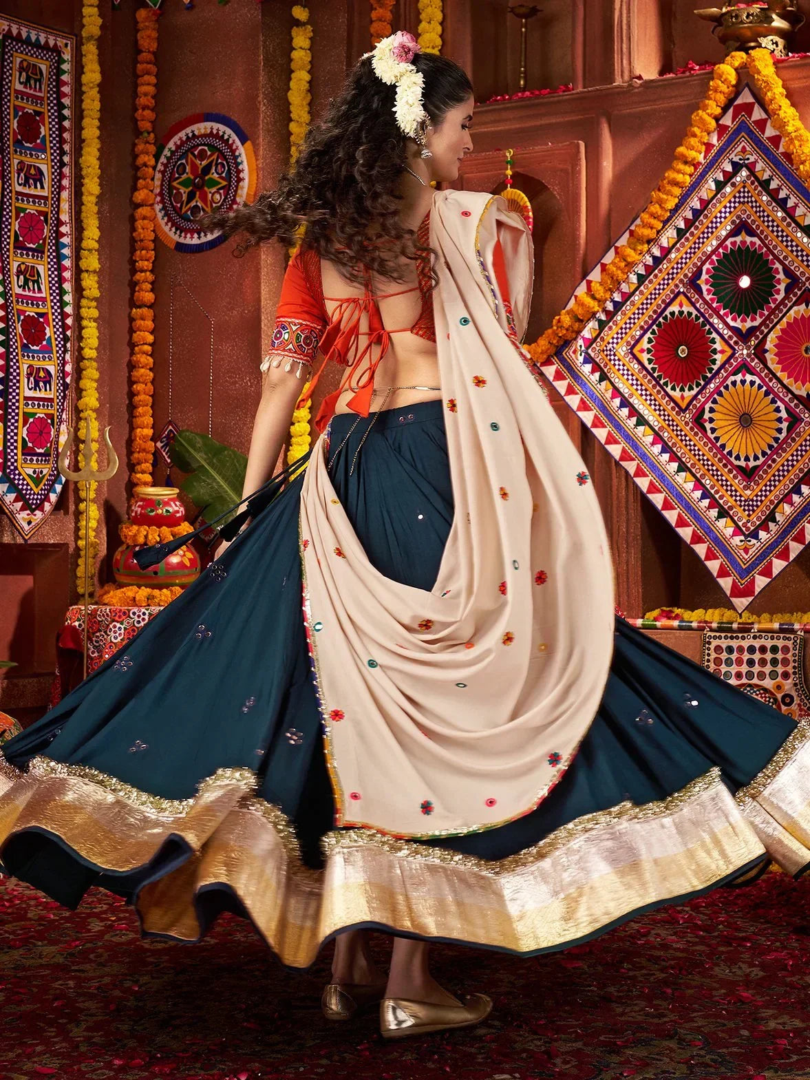 Marvelous Teal Blue Mirror Work Cotton Festive Wear Lehenga With Blouse - Zeel Clothing