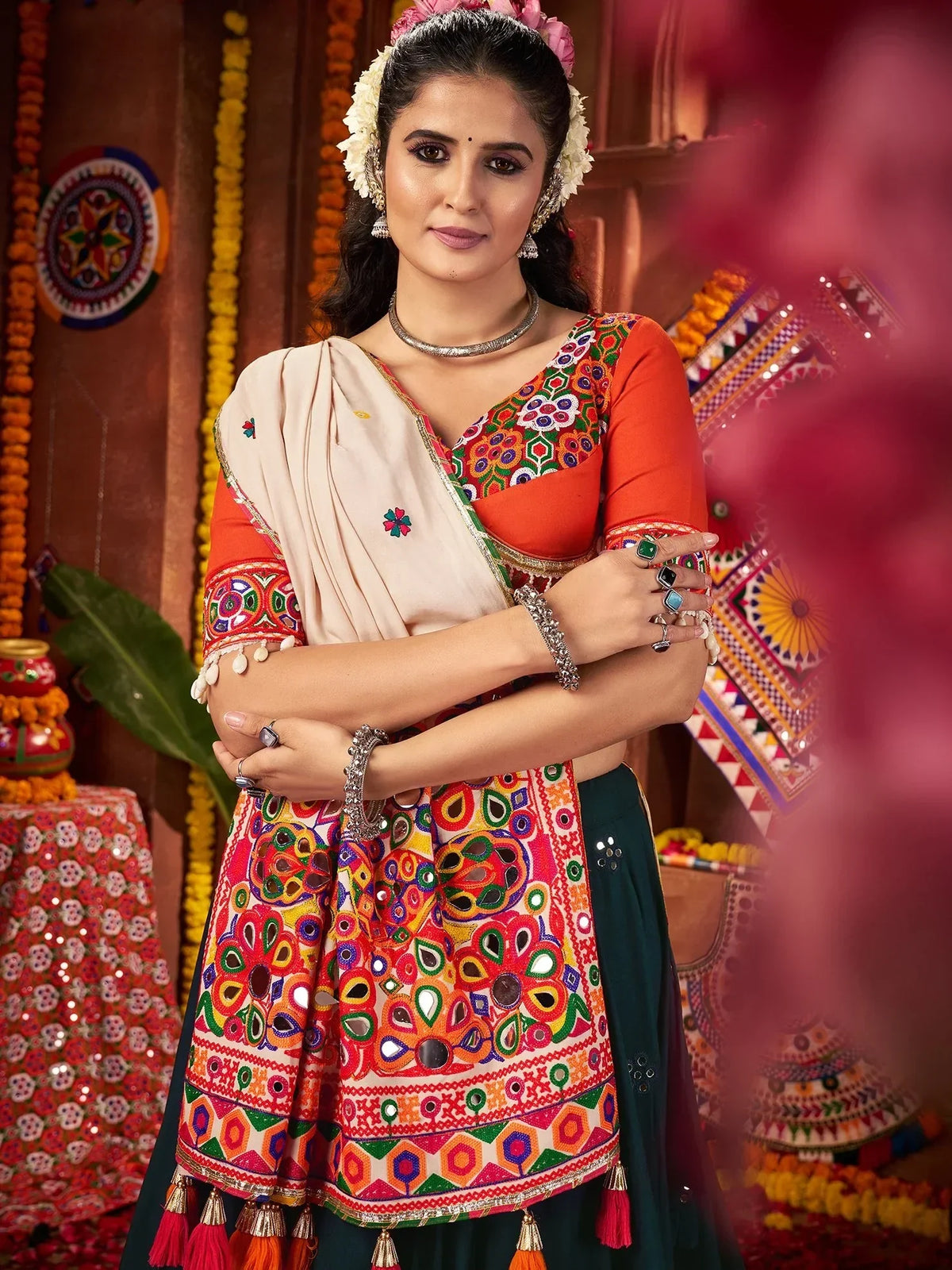Marvelous Teal Blue Mirror Work Cotton Festive Wear Lehenga With Blouse - Zeel Clothing